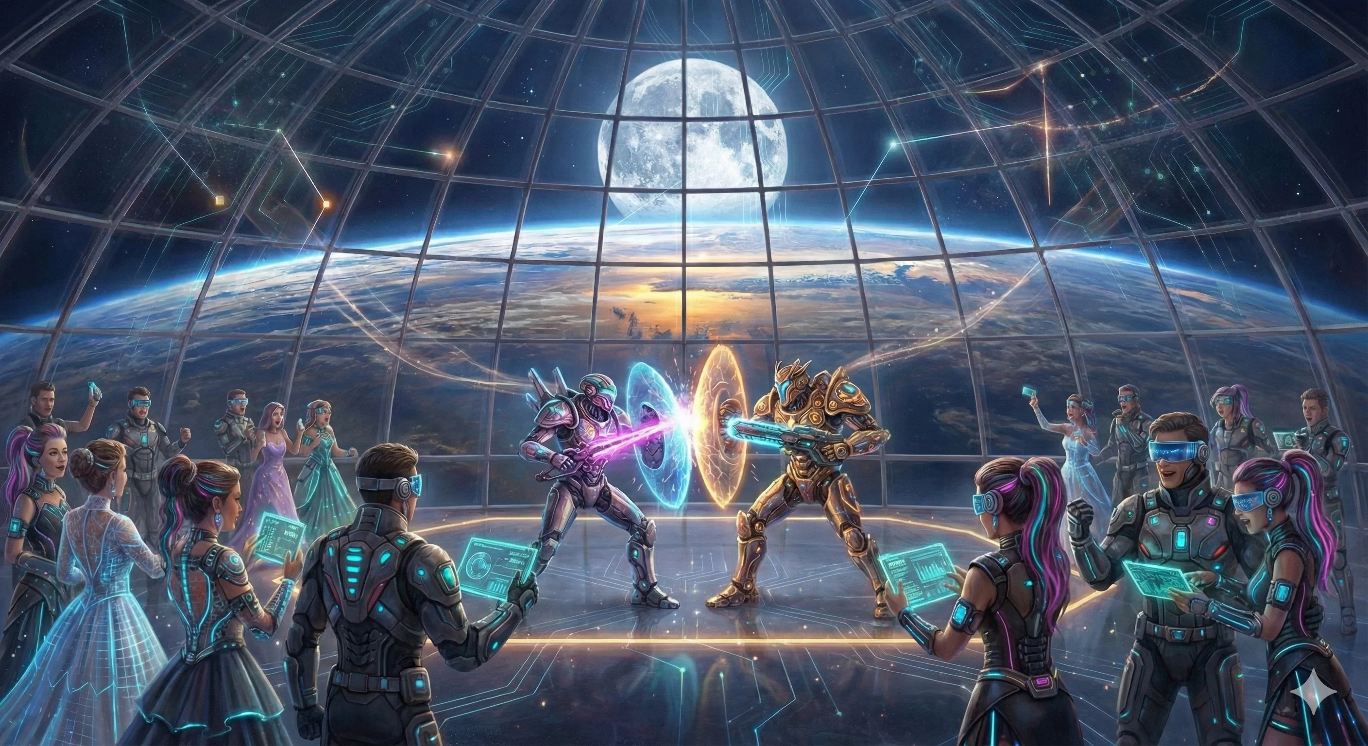 Two futuristic warriors engage in combat within a glass-domed space station orbiting Earth, surrounded by a diverse audience using holographic devices; vibrant colors and detailed sci-fi elements create an intense, immersive atmosphere.