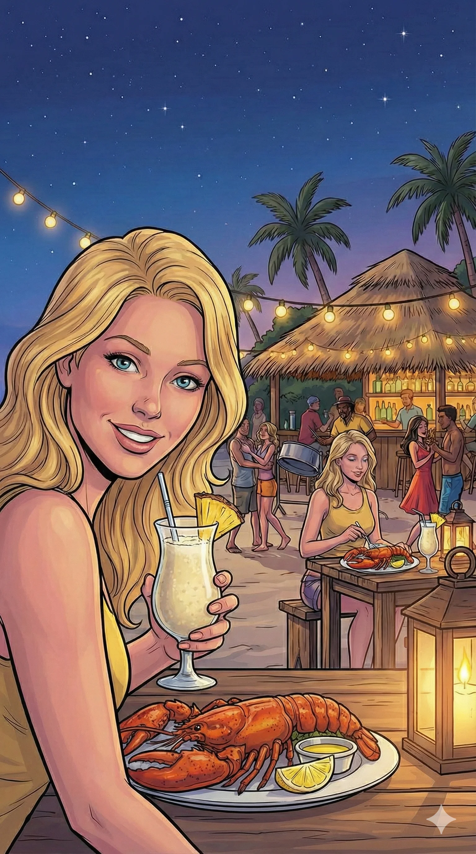 Blonde woman enjoying a tropical dinner with lobster and a cocktail on a beach at night, surrounded by string lights, palm trees, and a tiki bar in a vibrant, colorful comic art style.