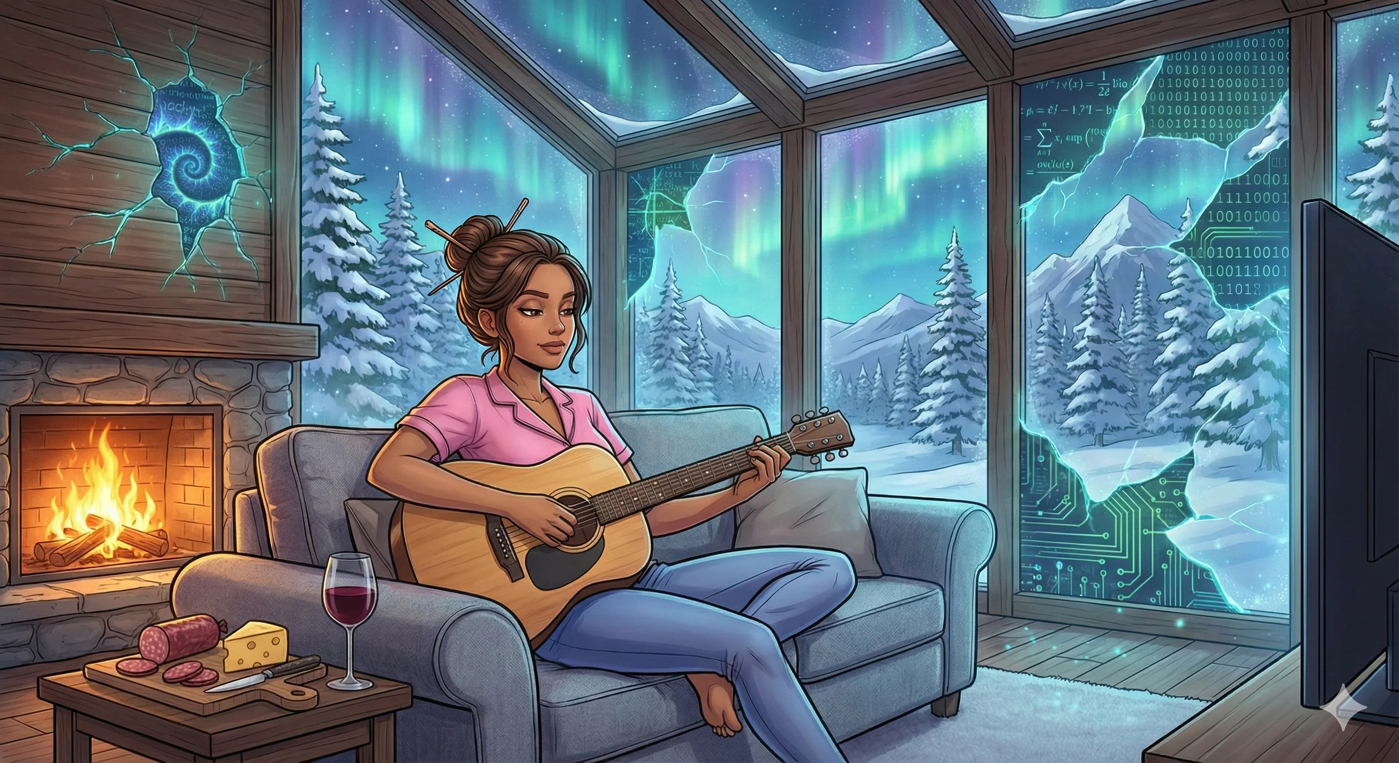 A woman in a cozy room plays guitar on a blue couch, surrounded by warm firelight and a snow-covered landscape with the Northern Lights outside large glass windows; a surreal, digital art style enhances the serene and harmonious atmosphere, with soft pink and blue tones complemented by a circuit pattern and mathematical equations.