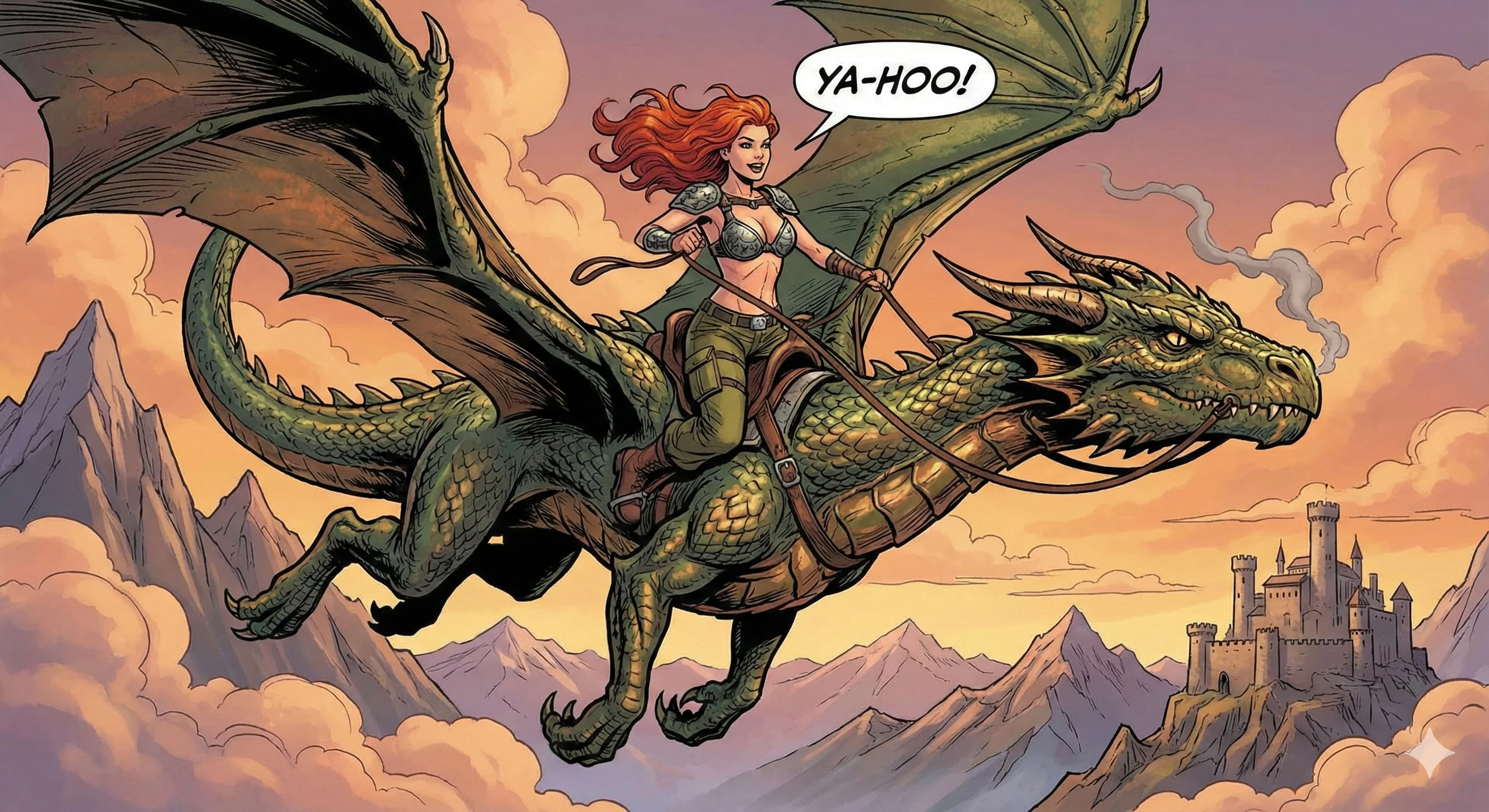 A red-haired warrior rides a green dragon through a mountainous landscape with a castle in the background, expressing excitement with a "Ya-hoo!" The sunset sky casts warm hues, enhancing the adventurous and fantastical mood of the comic-style illustration.