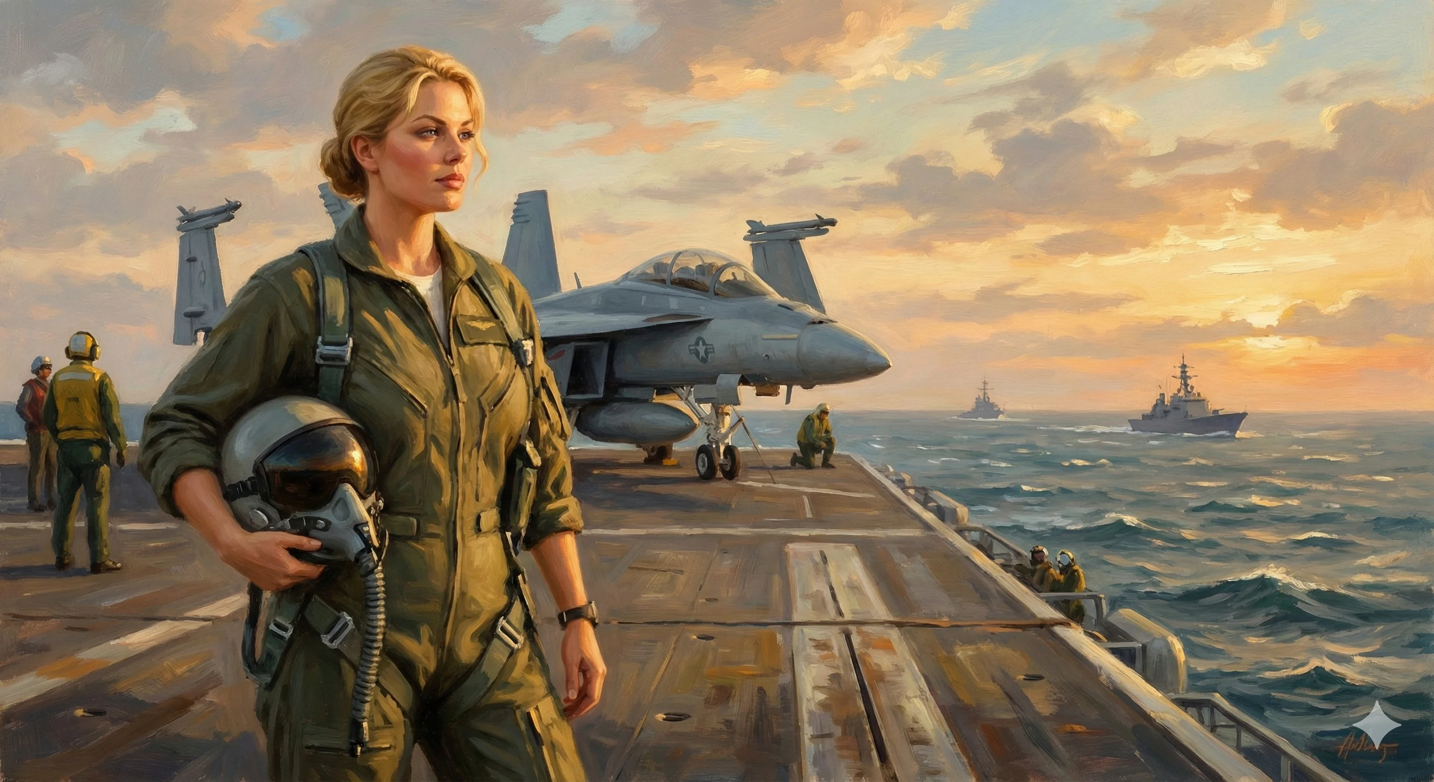 A female pilot in a green flight suit stands confidently on an aircraft carrier at sunset, holding a helmet with a fighter jet and naval ships in the background; the scene is rendered in an expressive, oil painting style with warm colors and a calm, determined mood.