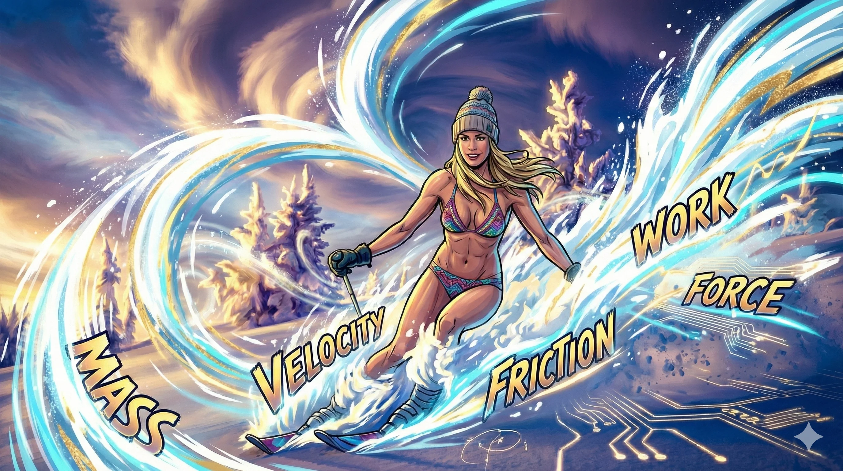 A dynamic, comic-style illustration of a woman skiing energetically through a snowy landscape, wearing a bikini and beanie, surrounded by swirling snow and words like "mass," "velocity," "friction," "work," and "force," set against a vibrant, colorful backdrop with a mix of warm and cool tones.