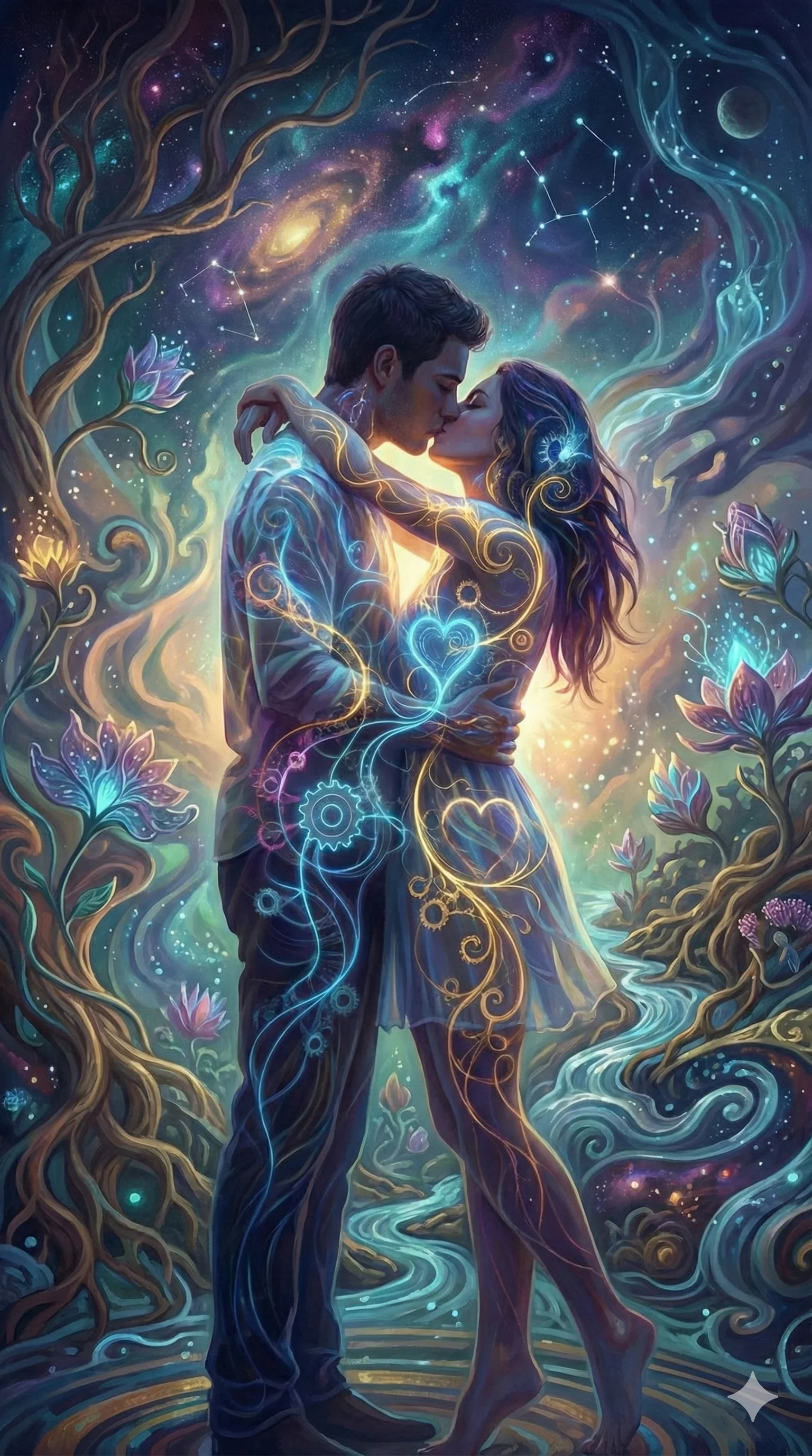 A couple embraces in a mystical, cosmic landscape with vibrant swirling lights and galaxy motifs, creating a romantic and dreamy atmosphere; their figures are intertwined with glowing ethereal patterns amidst blooming flowers and winding trees.