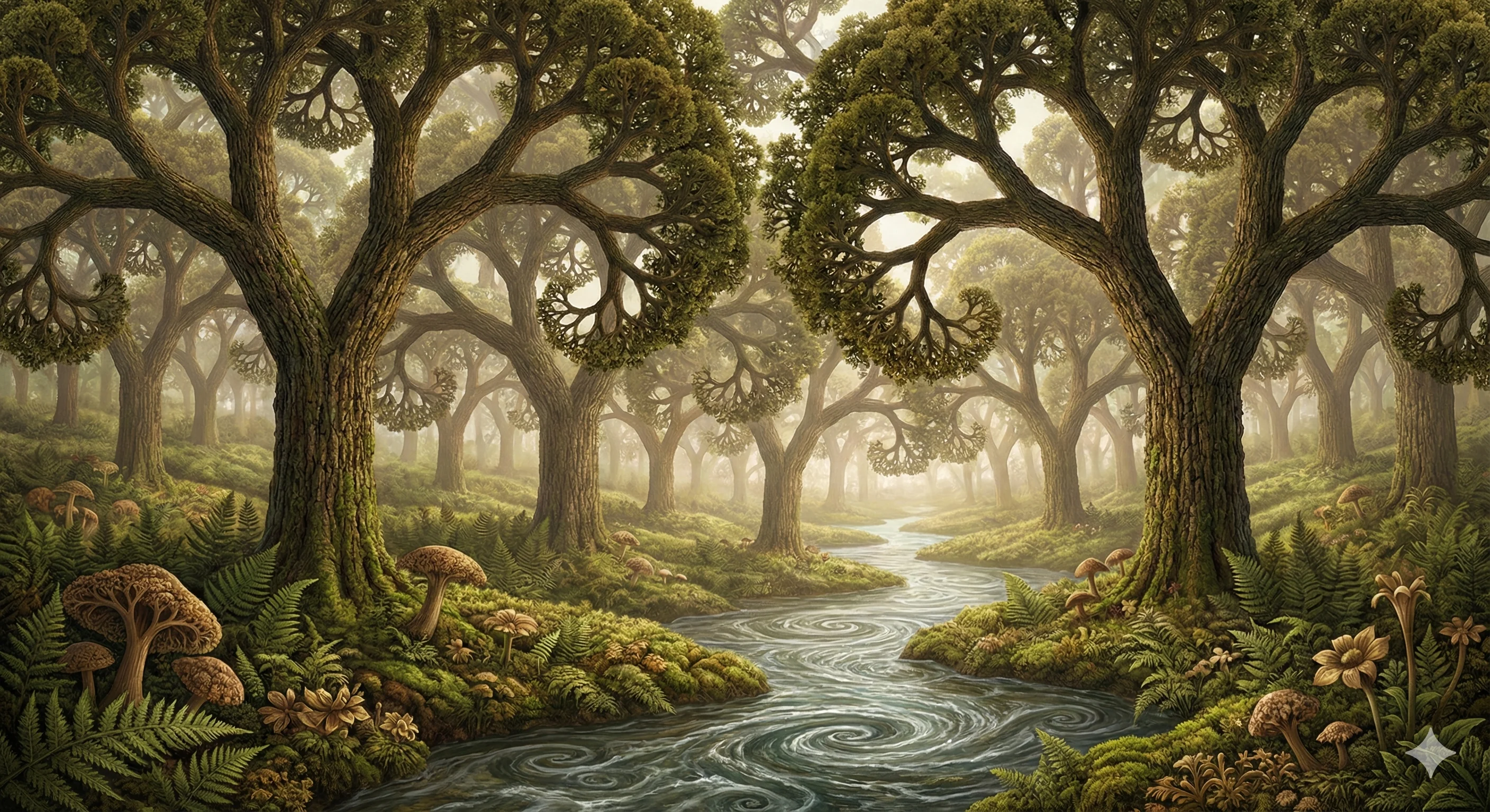 Enchanting forest with intricately twisted trees and lush green foliage flanking a swirling, winding stream, evoking a sense of mystical tranquility; warm earth tones and soft, dappled light enhance the serene, fairy-tale ambiance.