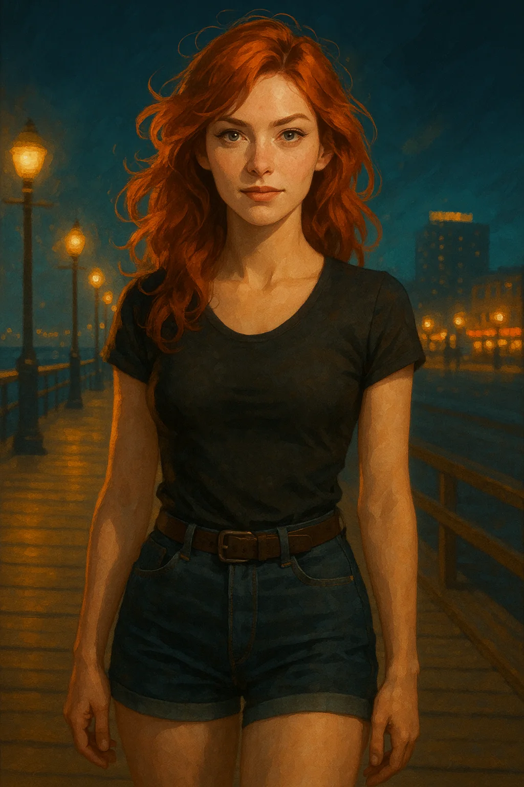 Red-haired woman with a determined expression walking on a pier at night, illuminated by warm streetlights; wearing a black t-shirt and denim shorts, the scene is artistically rendered with rich, vibrant colors capturing a moody, cinematic atmosphere.