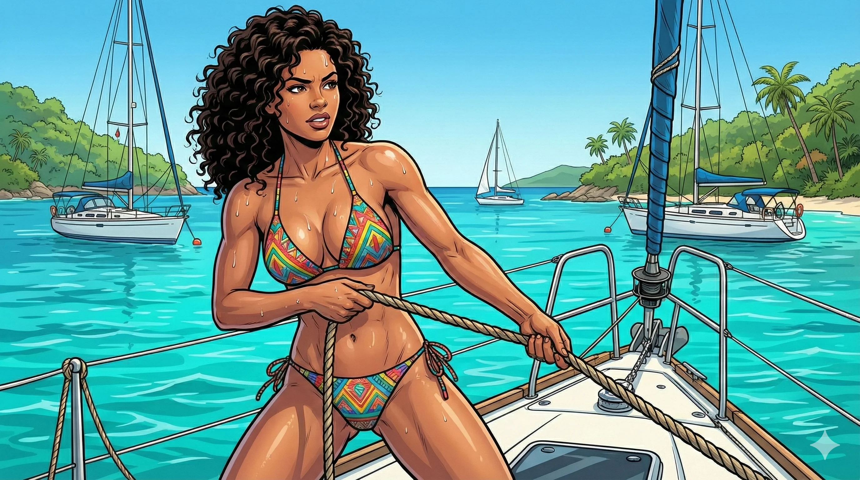 A woman with curly hair confidently handles ropes on a sailboat in a tropical paradise, featuring turquoise waters and lush green islands; vibrant colors and a graphic art style enhance the adventurous and energetic mood.