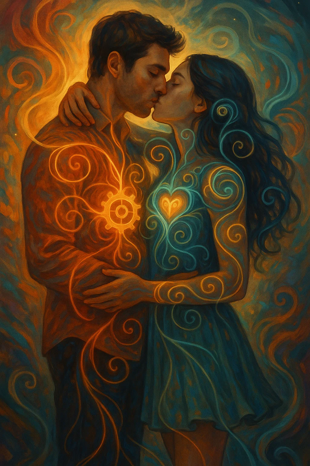 A couple passionately kissing, surrounded by swirling, vibrant colors and glowing symbols, creating an ethereal and romantic atmosphere; the art style is dreamy and whimsical, featuring a warm palette of oranges and blues.