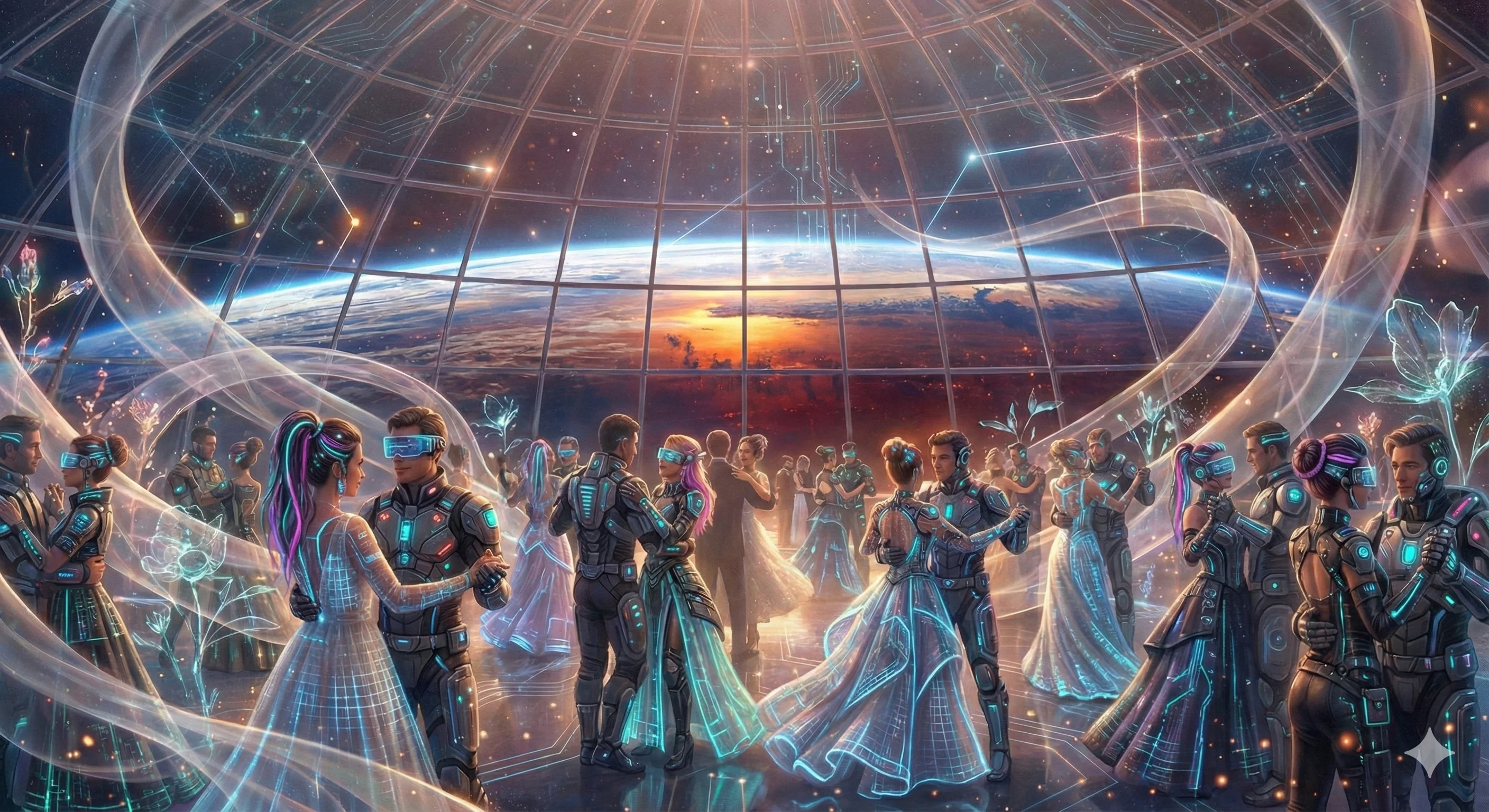 Futuristic ballroom dance scene with elegantly dressed couples in illuminated attire beneath a glass dome, showcasing a cosmic view of space; vibrant neon colors and a sci-fi atmosphere create a mesmerizing and otherworldly mood.