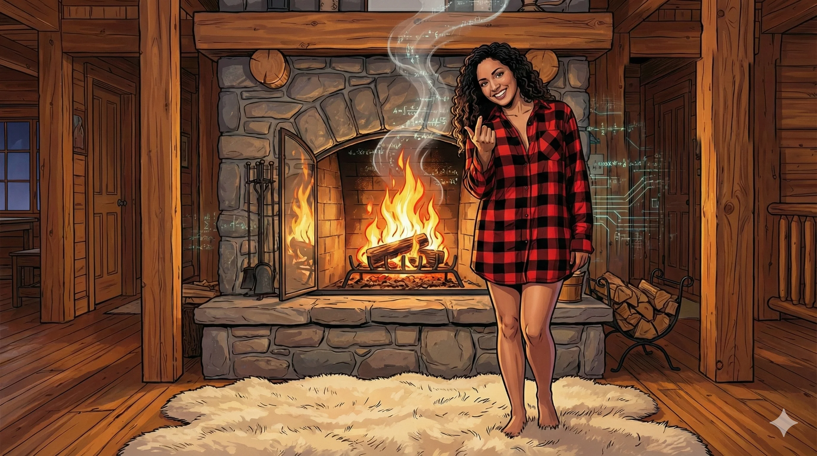 Cozy wooden cabin interior with a stone fireplace, featuring a woman in a red and black plaid shirt smiling warmly; soft ambient lighting enhances the rustic ambiance, while a white fur rug adds comfort and warmth.