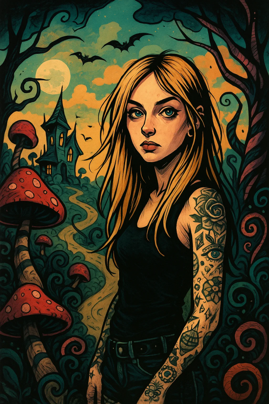 A tattooed woman with long blonde hair stands in a whimsical forest with oversized red mushrooms, a winding path leading to a spooky house under a night sky with bats, all depicted in a vibrant, illustrative art style with bold, contrasting colors.