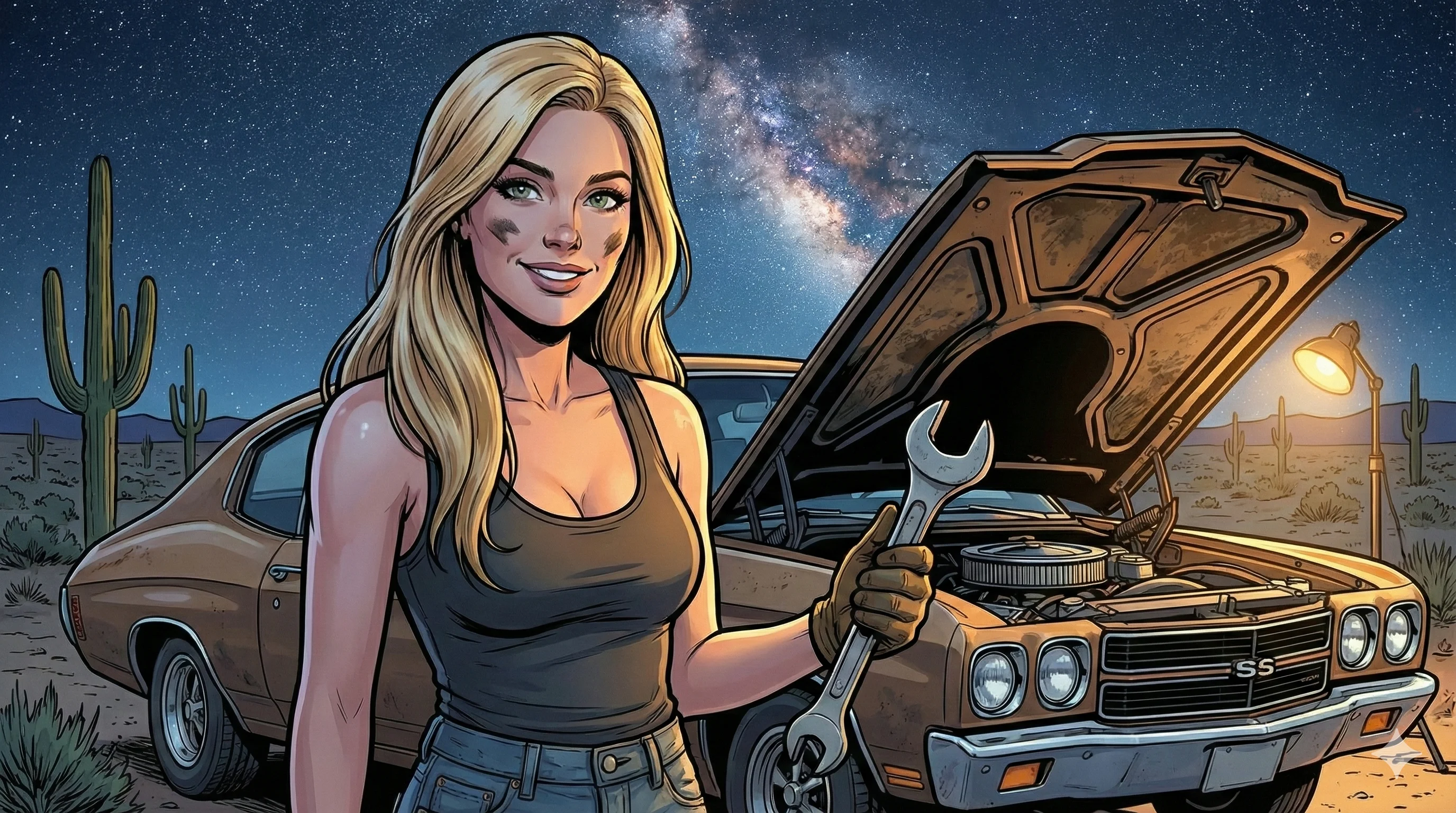 A confident woman with blonde hair holding a wrench stands beside a vintage car with its hood open under a starry night sky in a desert landscape, featuring cacti and a vibrant Milky Way backdrop, depicted in a colorful, comic book style.
