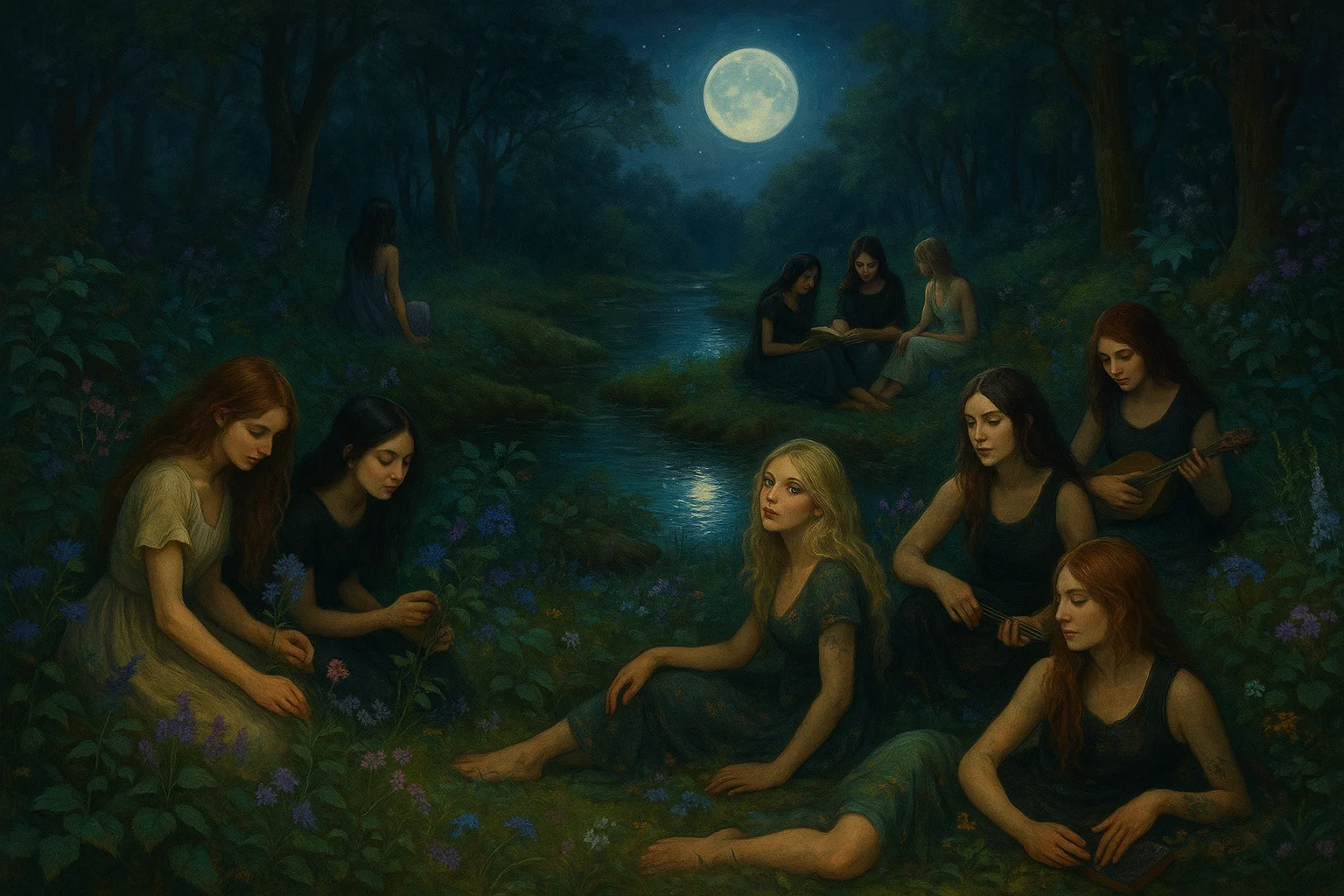 A group of women in flowing dark dresses sits by a tranquil moonlit river, surrounded by lush greenery and wildflowers, while some play musical instruments under a starry night; the scene exudes a mystical and serene atmosphere with a palette of blues and greens in a painterly style.
