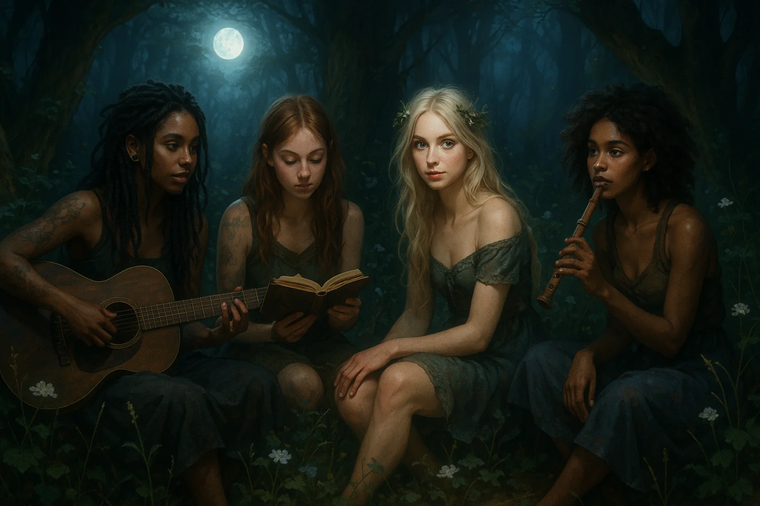 Four women in a mystical forest setting sit beneath a full moon, with one playing guitar, another reading, a third with flowers in her hair gazing forward, and the last playing a flute; the scene is enveloped in a magical, serene mood with deep blues and greens, conveying a fairytale-like atmosphere.