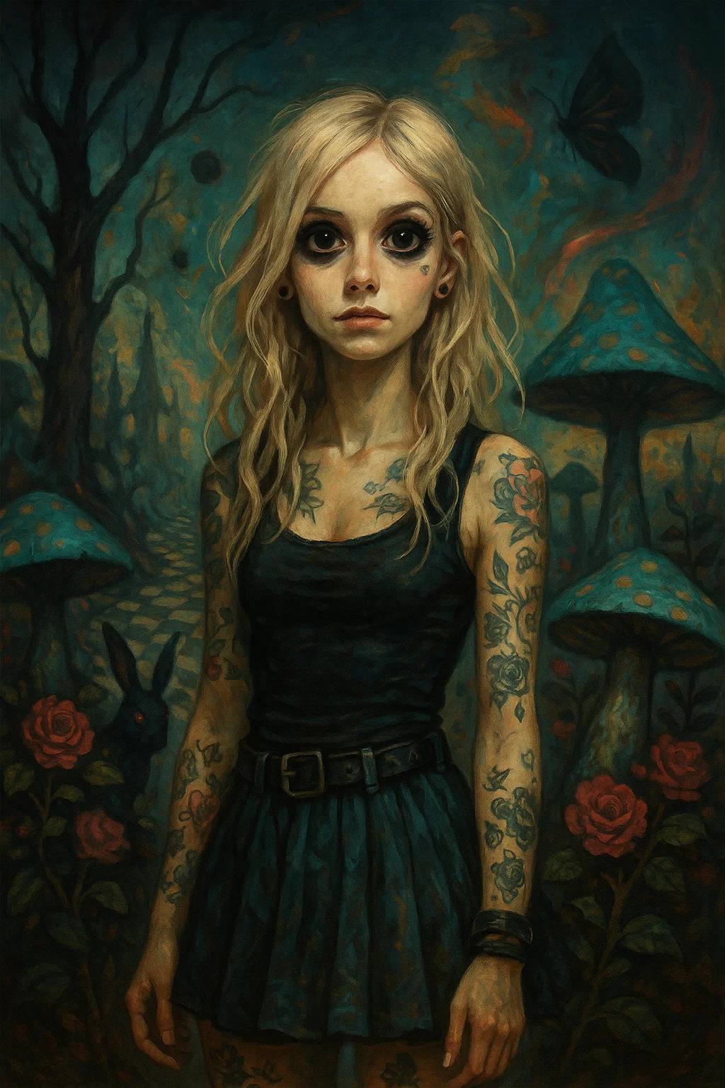 A young woman with long blonde hair and heavily tattooed arms stands in a surreal, dark forest setting filled with large mushrooms, roses, and a dark rabbit; the painting features rich, moody colors and a gothic, dreamlike visual style.