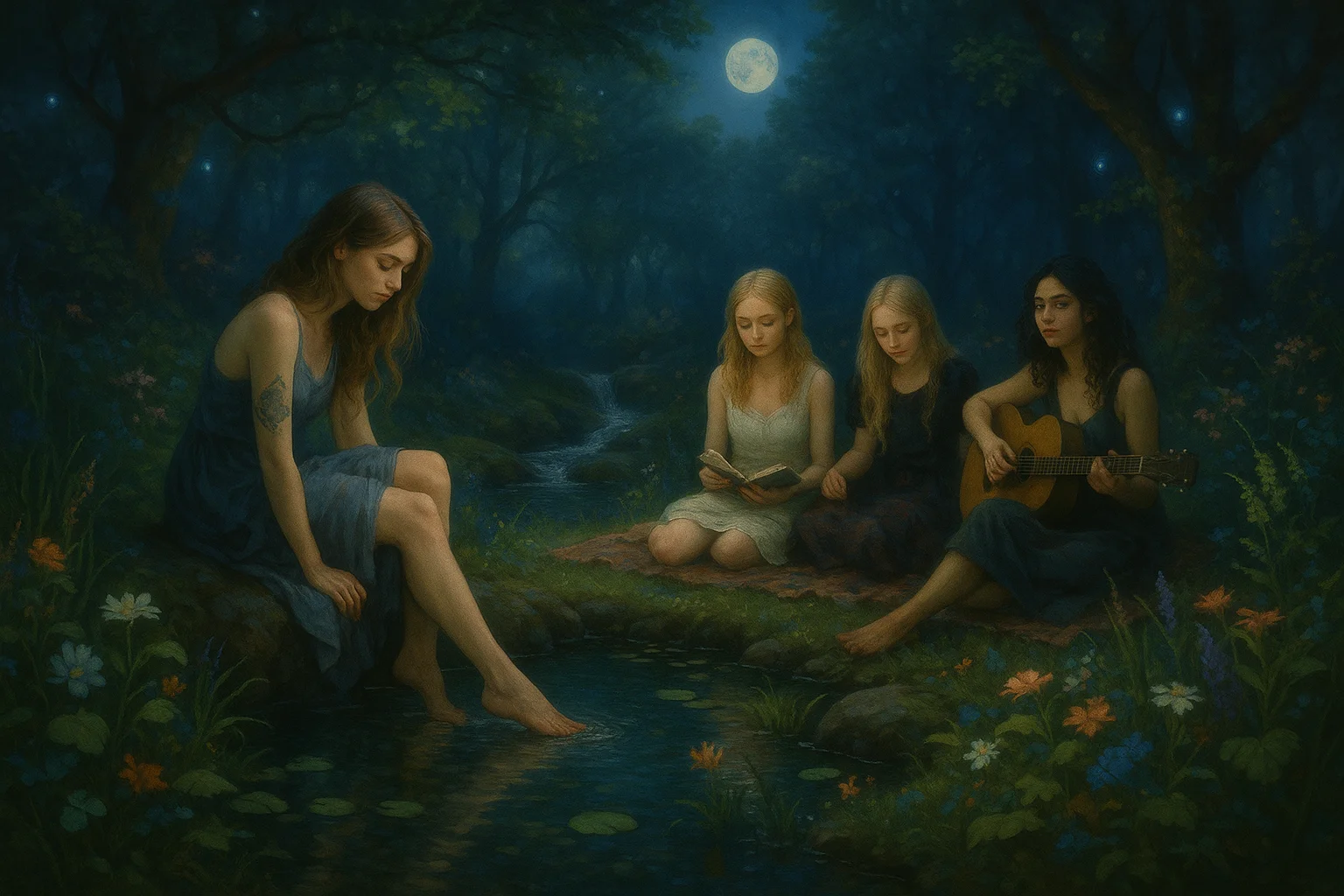 Four women gather in a moonlit forest, sitting by a tranquil stream adorned with flowers, as one plays guitar and another reads, creating a serene and mystical ambiance with a palette of soft blues and greens.