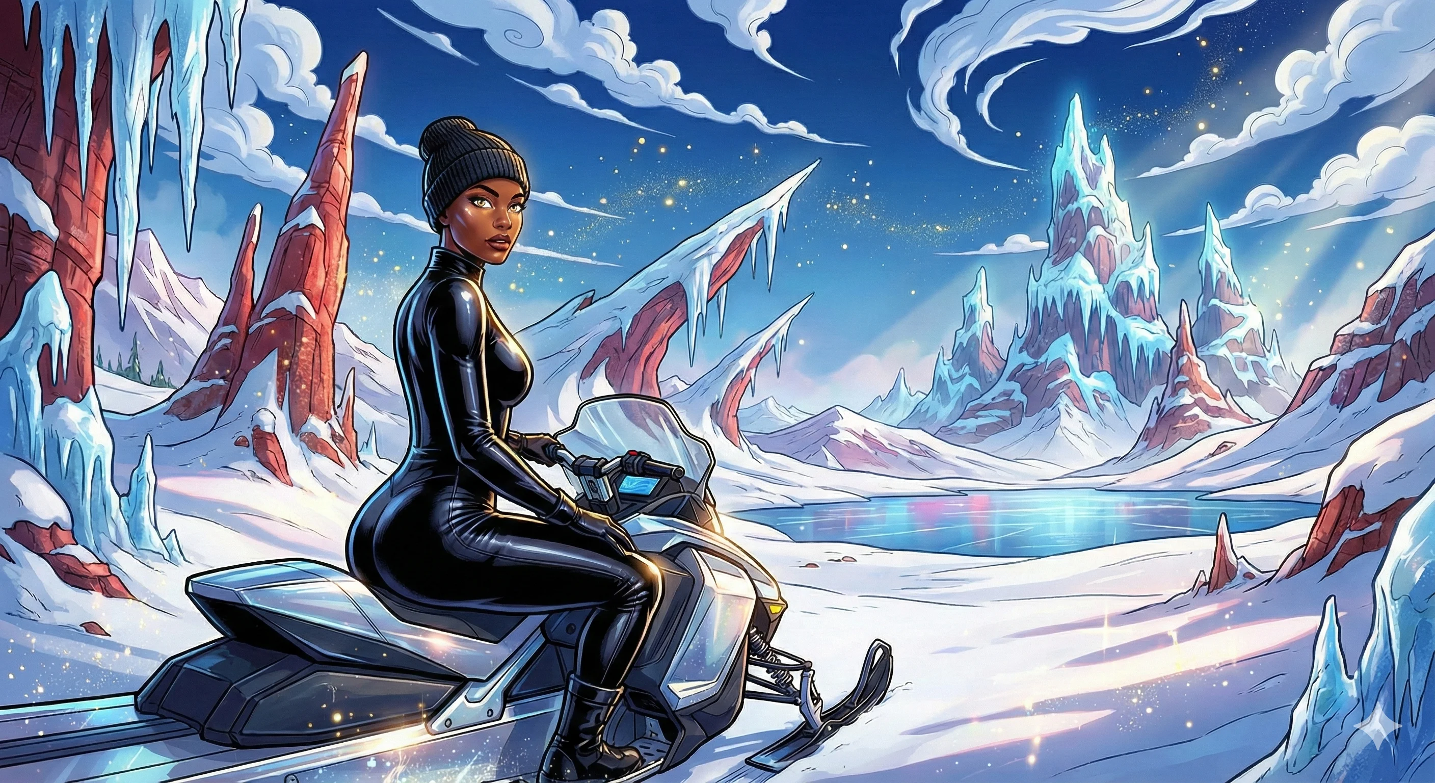 A woman in a sleek black outfit sits on a snowmobile in a vibrant, icy landscape featuring majestic red and blue ice formations and a shimmering frozen lake, conveying an adventurous and fantastical mood with colorful, comic-style art.