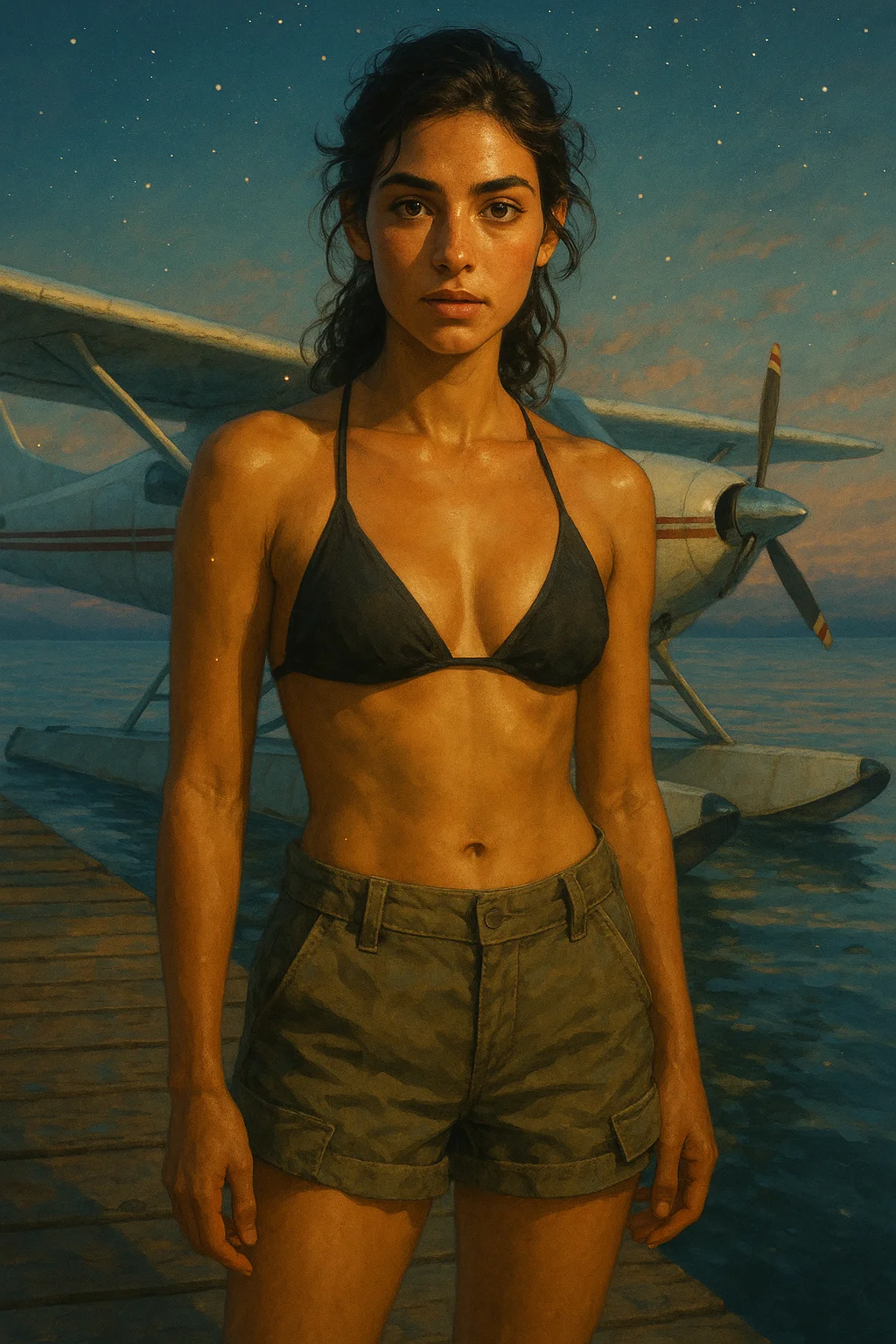 A woman in a black bikini top and olive green shorts stands confidently on a wooden dock with a vintage seaplane in the background, set against a serene twilight sky; the scene evokes an adventurous and introspective mood with its warm, realistic painting style.