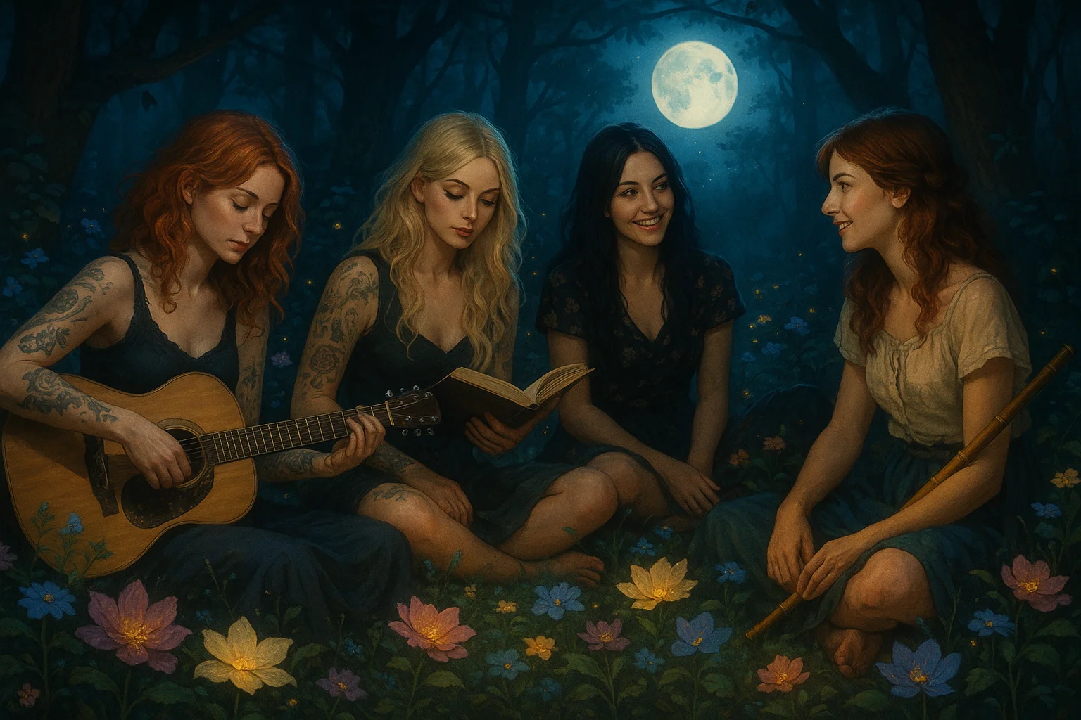 A group of four women with varying hair colors and tattoos sit in a moonlit forest, surrounded by colorful flowers, as one plays guitar and another reads, creating a serene and mystical atmosphere with a fantasy illustration style.