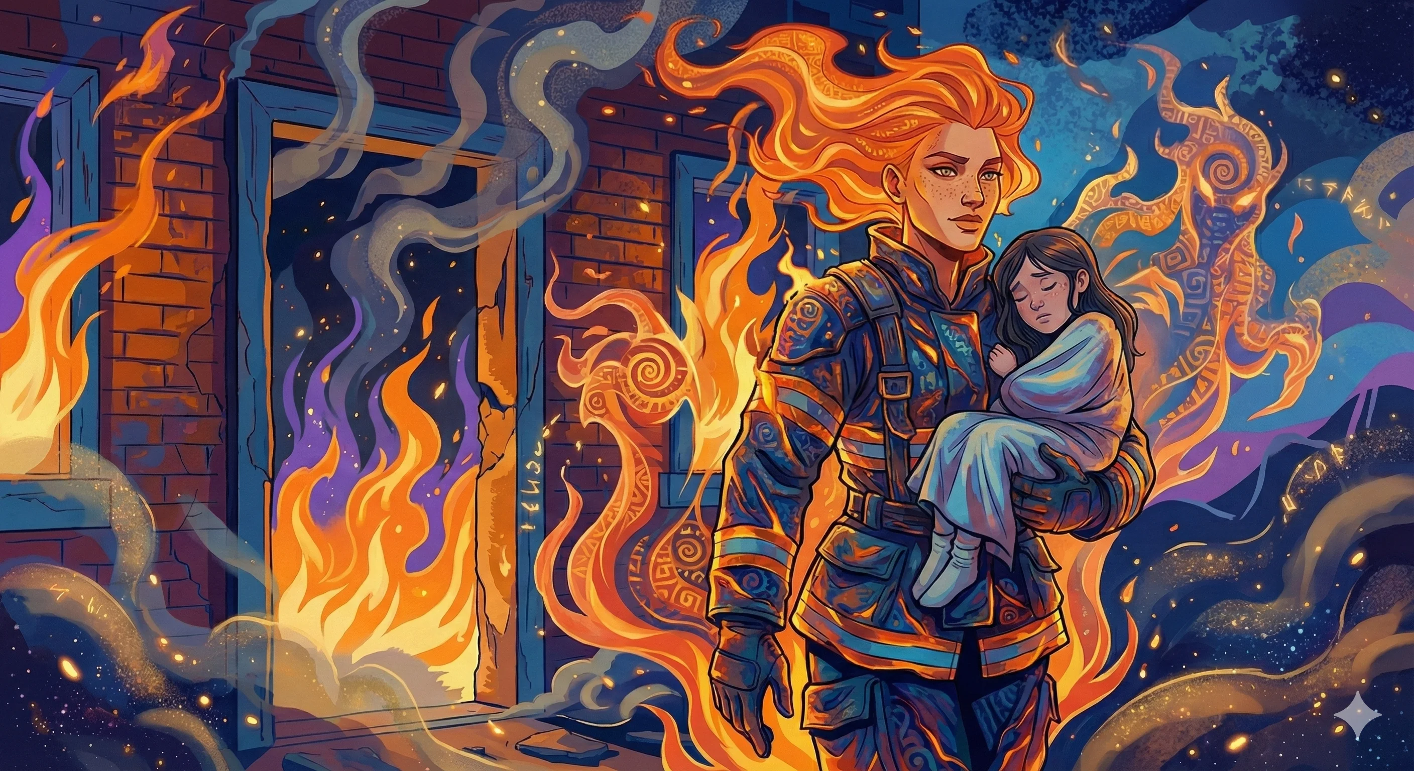 A red-haired firefighter, depicted in vibrant blues and oranges, carries a young girl out of a burning building, surrounded by swirling flames and smoke, creating a dynamic and heroic scene in a stylized, illustrated art style.