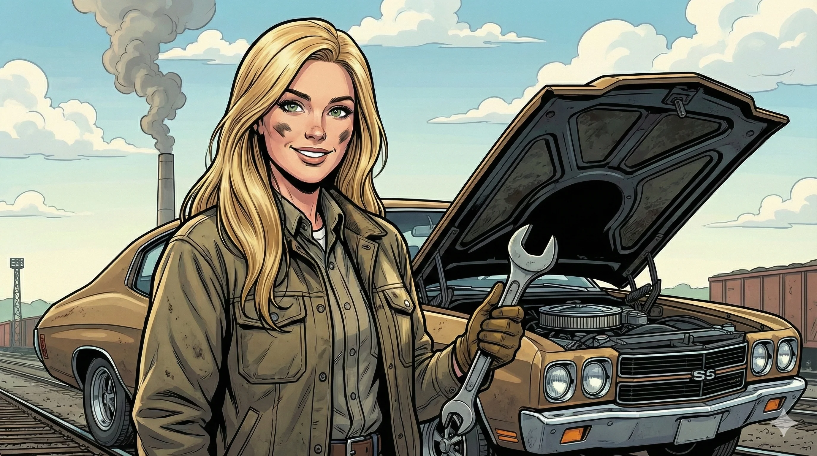 Blonde woman in a brown jacket holding a wrench stands confidently in front of a classic muscle car with the hood open, set against an industrial backdrop with smokestacks; the illustration features warm tones and a vibrant, cartoon-like style.