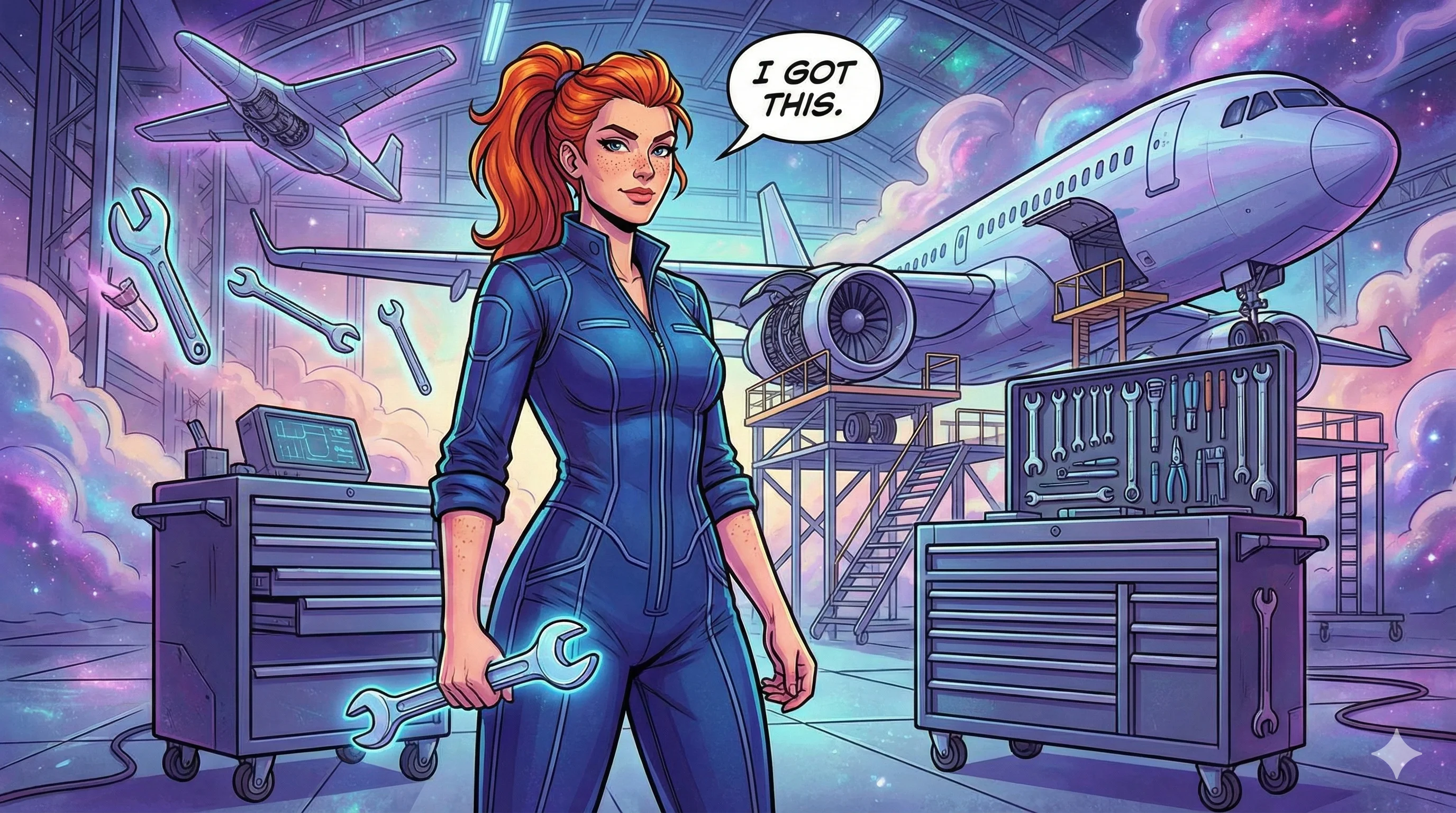 Female mechanic in a futuristic hangar holding a wrench, standing confidently next to a commercial airplane, surrounded by floating tools; vibrant comic-style artwork with a cosmic color palette and a motivational "I Got This" speech bubble.