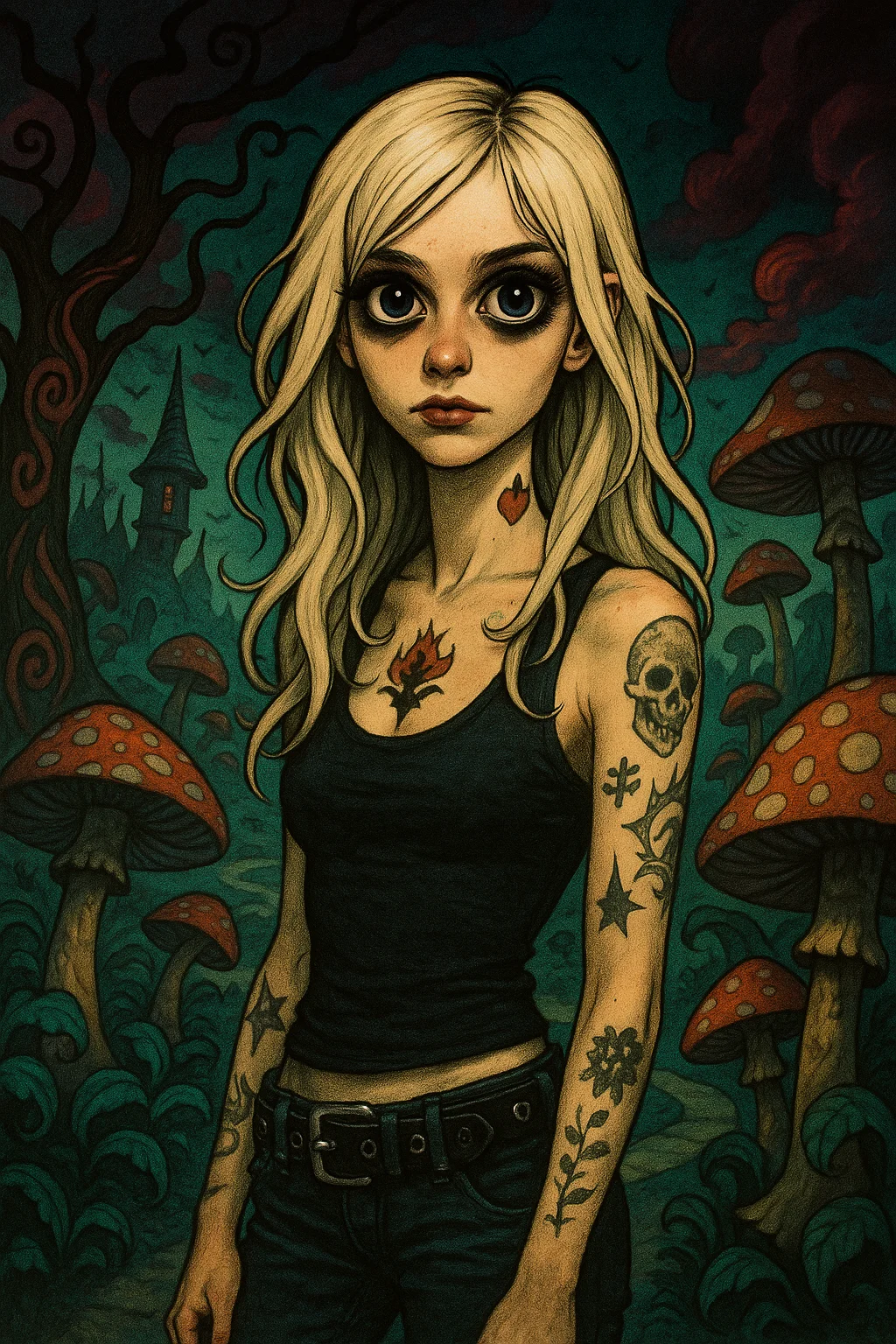 A gothic character with long blonde hair and tattoos stands in a mystical forest with oversized mushrooms, against a moody green and red backdrop; features a dark, whimsical illustration style.