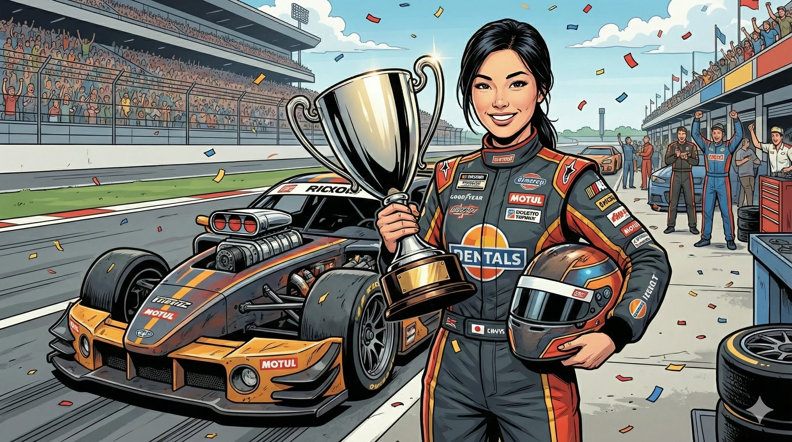 Female race car driver holding a trophy triumphantly at a racetrack with a cheering crowd in the background, showcasing a vivid comic-book style illustration featuring vibrant tones of red, orange, and black on her racing suit and car, exuding a celebratory and victorious mood.