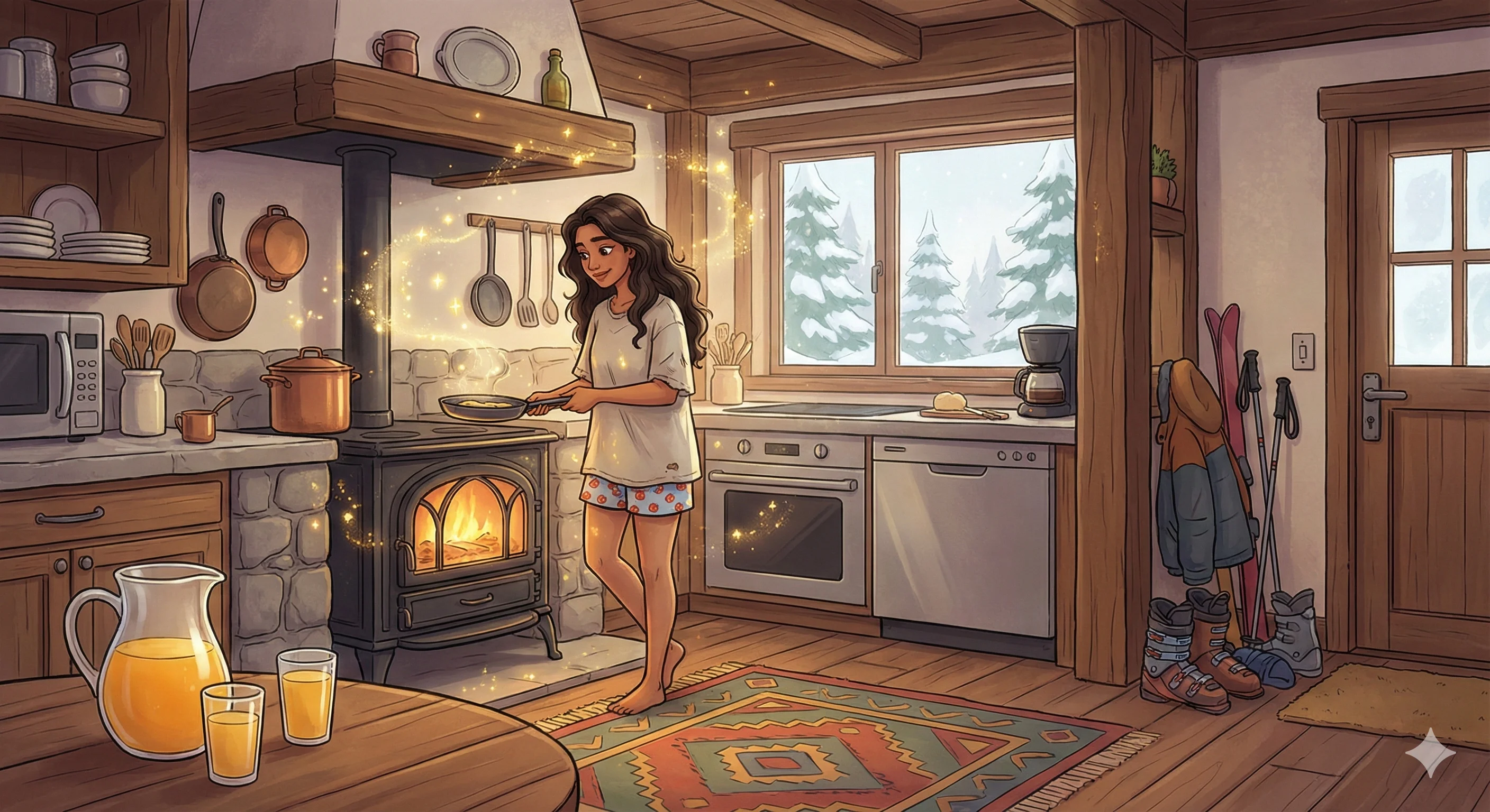 A cozy winter cabin scene with a woman cooking on a wood-burning stove, surrounded by warm tones and magical sparkles, framed by a snow-covered landscape visible through the window, ski gear by the door, and a colorful patterned rug on the floor.