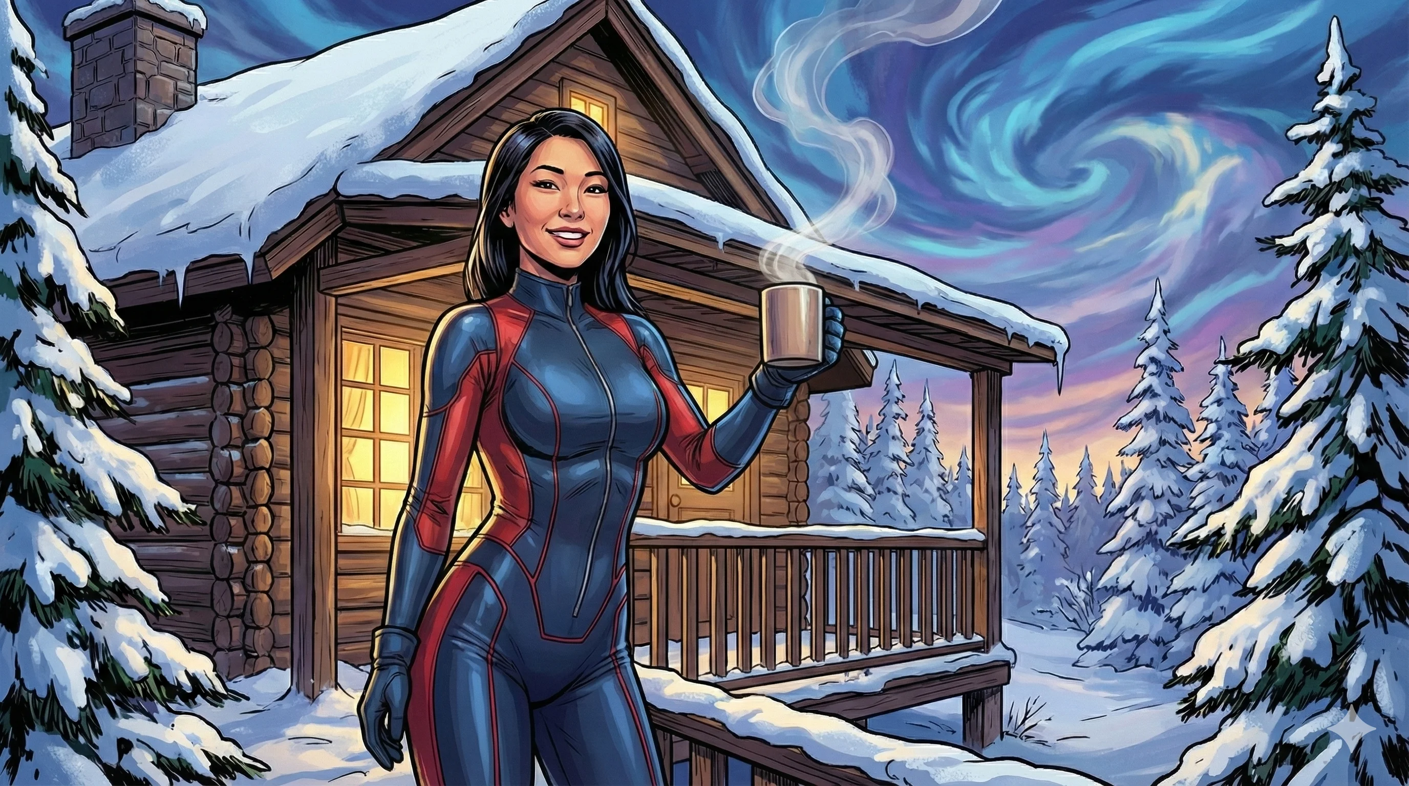 A woman in a red and black winter suit enjoys a steaming drink outside a snow-covered log cabin, surrounded by snowy pine trees under a swirling aurora-lit sky, depicted in a vibrant, comic-style illustration.