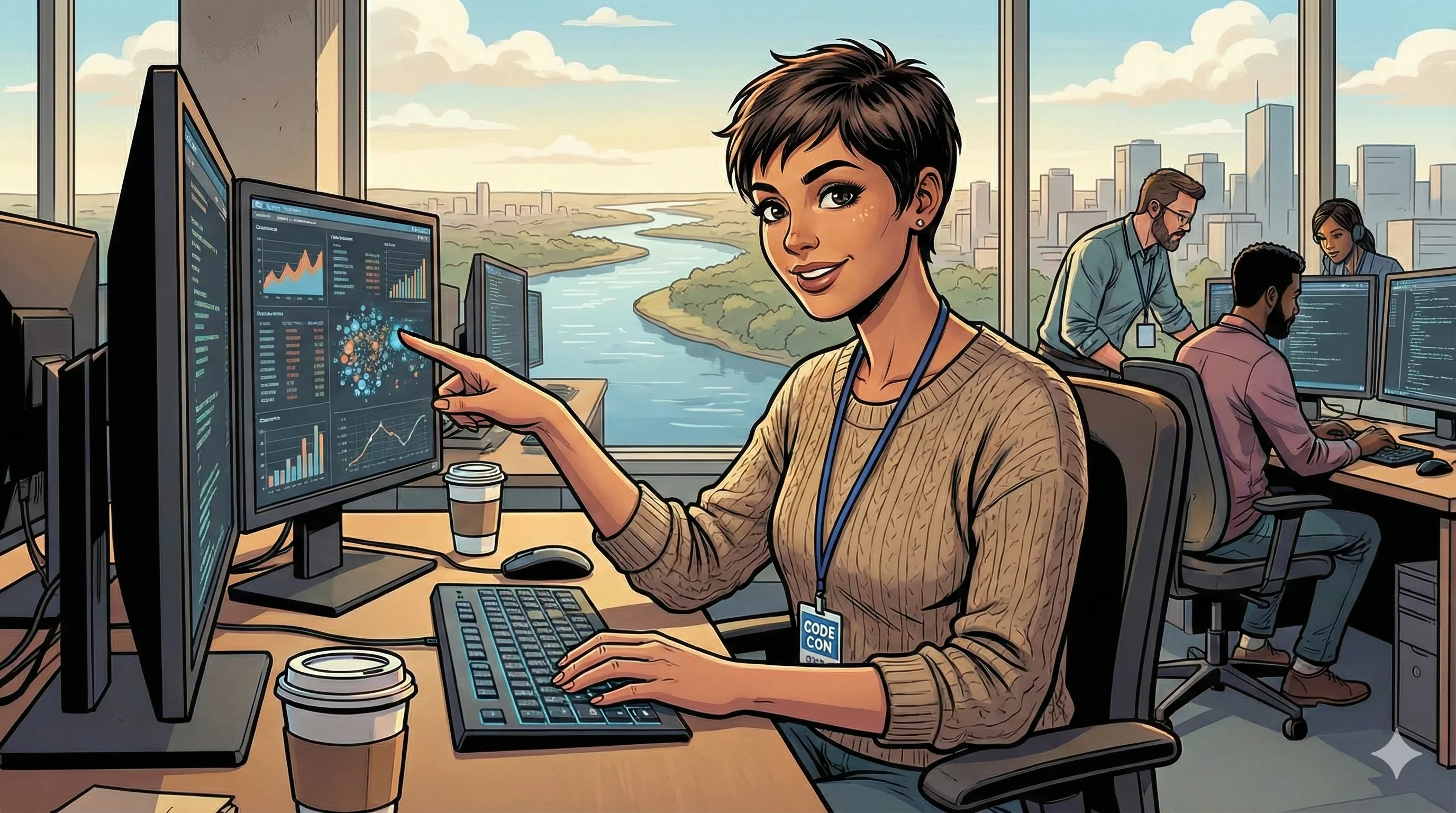 A skilled data analyst in a modern office setting points at detailed analytics on a computer screen, featuring vibrant graphs and charts, while a river view and urban skyline create a dynamic and professional atmosphere; the scene captures collaboration and innovation with colleagues in the background.