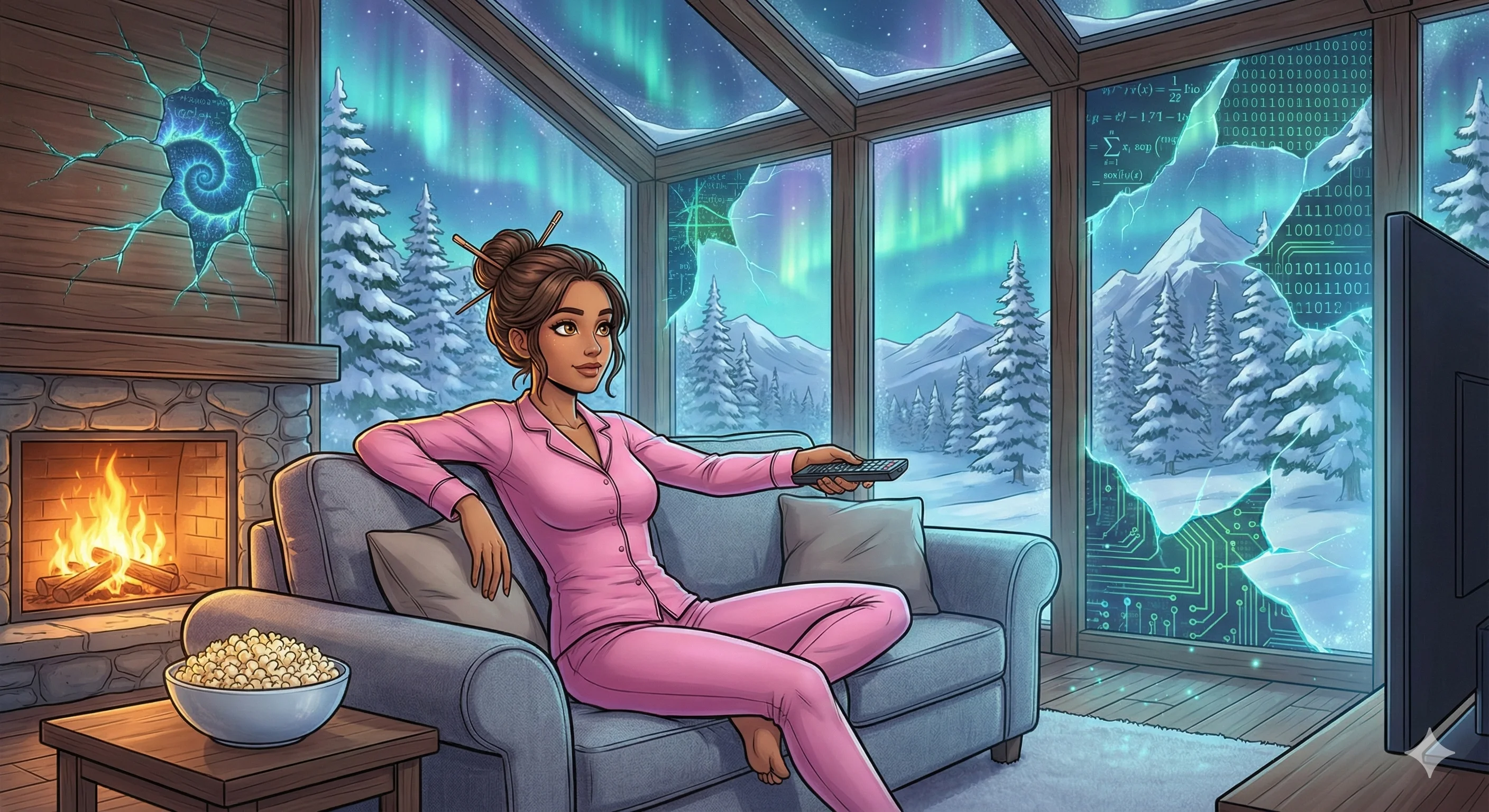 A woman in pink pajamas relaxes on a sofa with a remote in hand, surrounded by a cozy log cabin ambiance with a fireplace and a bowl of popcorn; the large windows reveal a stunning winter landscape with snowy mountains and the aurora borealis, blending digital circuit patterns and binary code, creating a futuristic yet serene atmosphere.