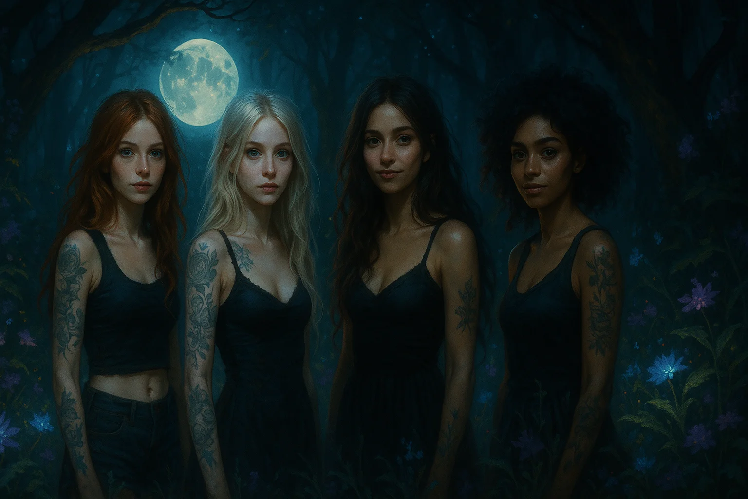 Four women with tattoos stand in a moonlit forest, surrounded by lush foliage and ethereal blue and purple flowers, creating a mystical and serene atmosphere; the artwork features a dark, dreamy visual style with intricate details and a harmonious blend of deep blues and greens.