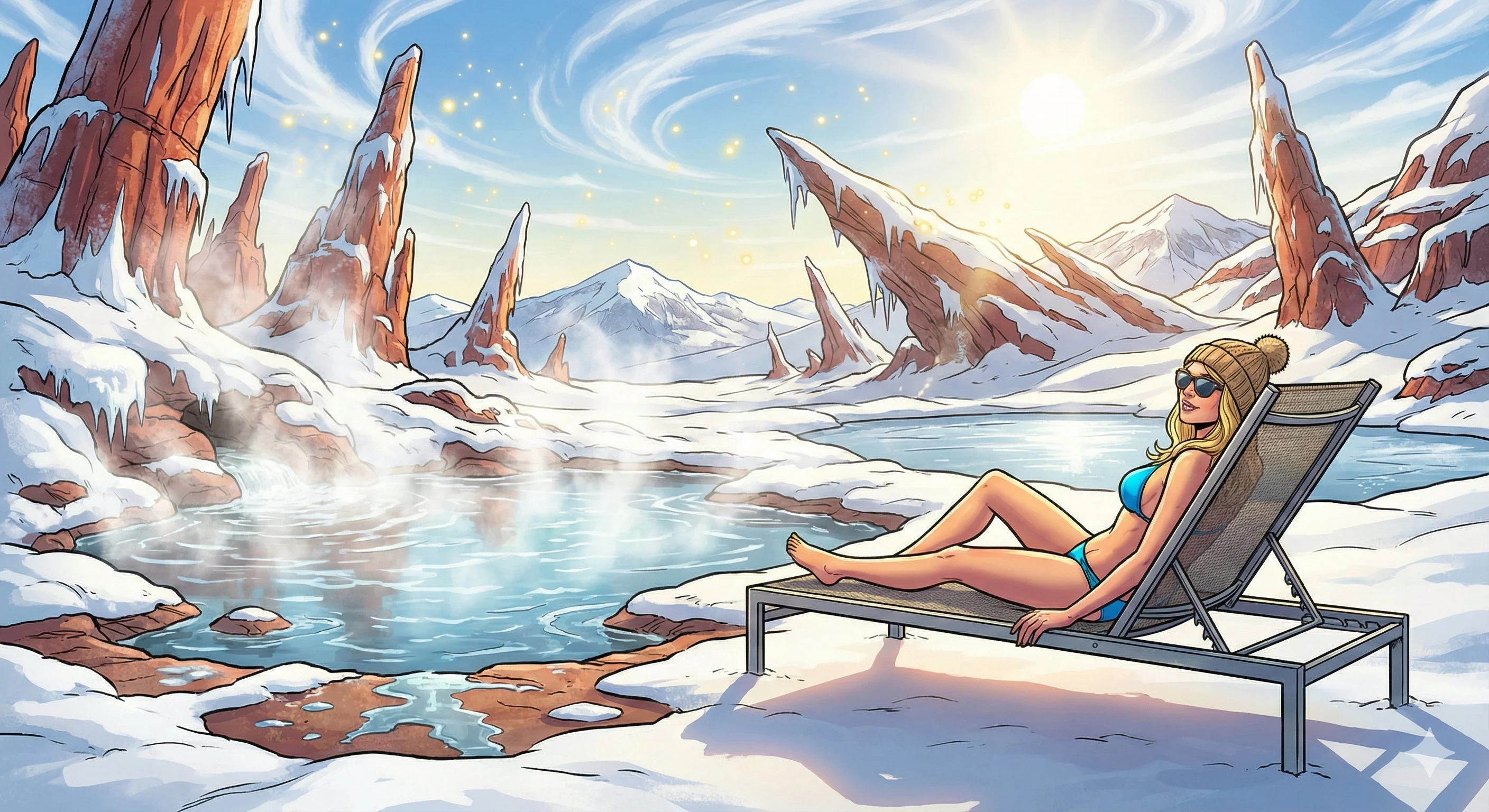 A woman in a bikini lounges on a chair beside a steaming hot spring in a snowy, mountainous landscape under a bright sun, with a clear blue sky and warm, golden tones creating a contrasting serene ambiance; digital illustration with vibrant colors and whimsical style.