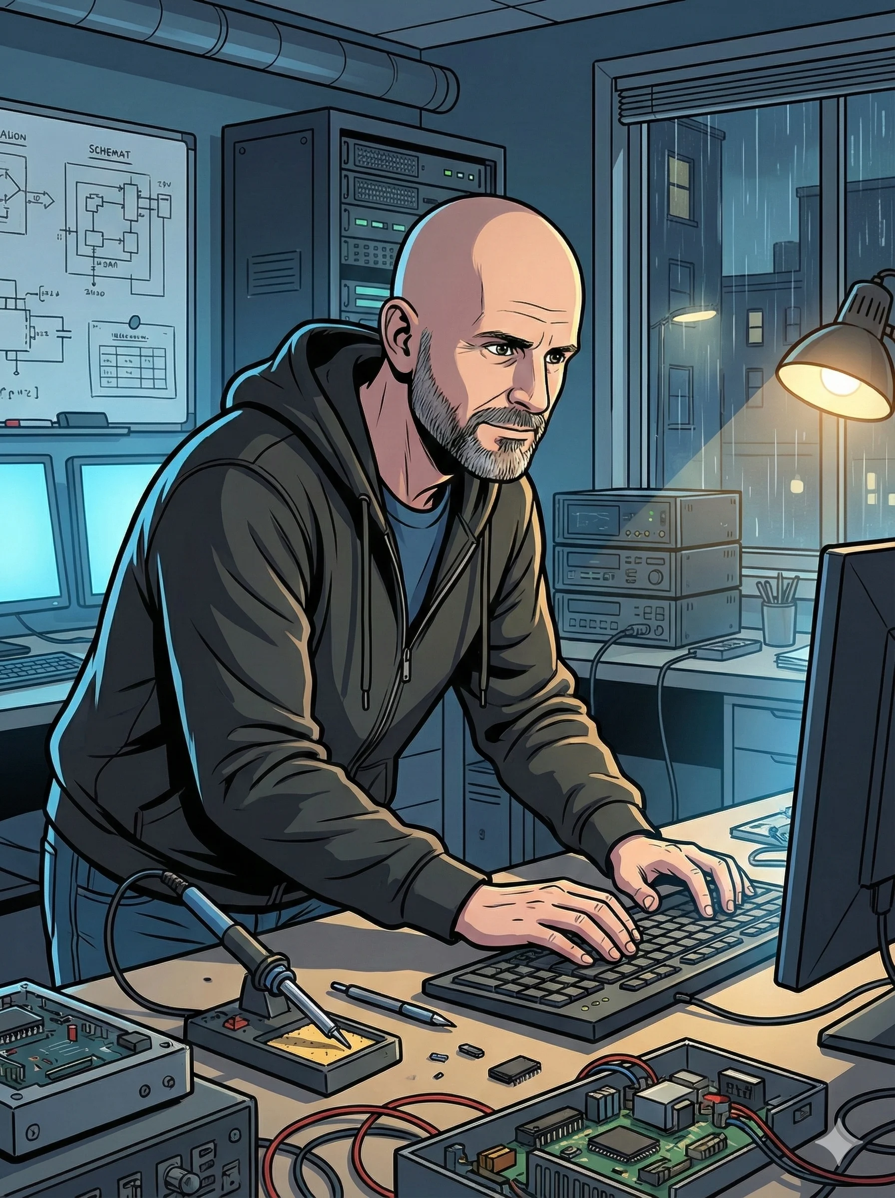 A bald man wearing a black hoodie focuses intently on a computer keyboard in a dimly lit, technology-filled lab, with circuit boards and schematics around; the rainy night outside adds a dramatic ambiance to the scene, illustrated in a detailed, comic book style.