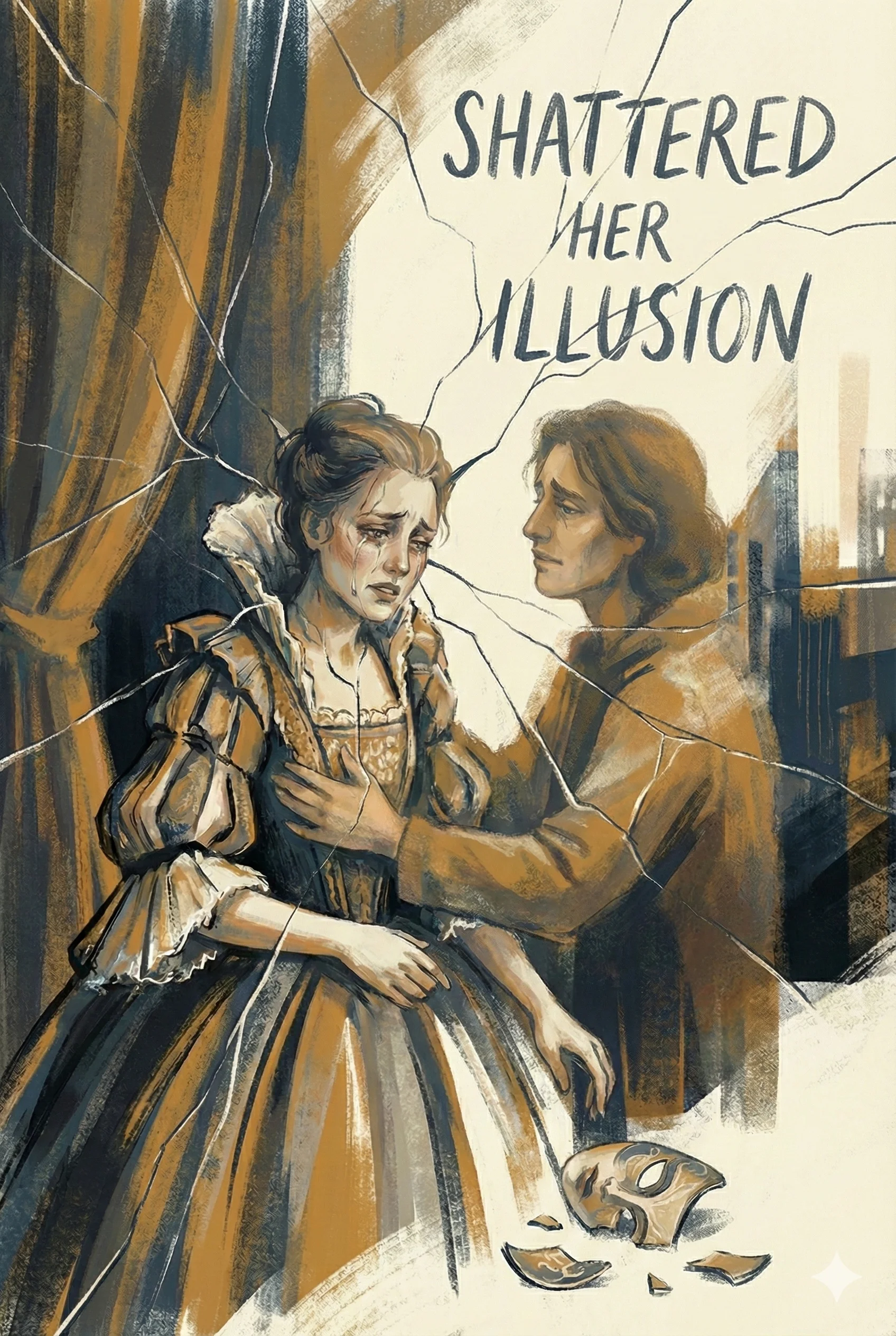 Victorian-style painting depicting a distressed woman in a frilly dress and a concerned man as shattered glass and a broken mask symbolize betrayal, set in warm sepia and blue tones with the phrase "Shattered Her Illusion".