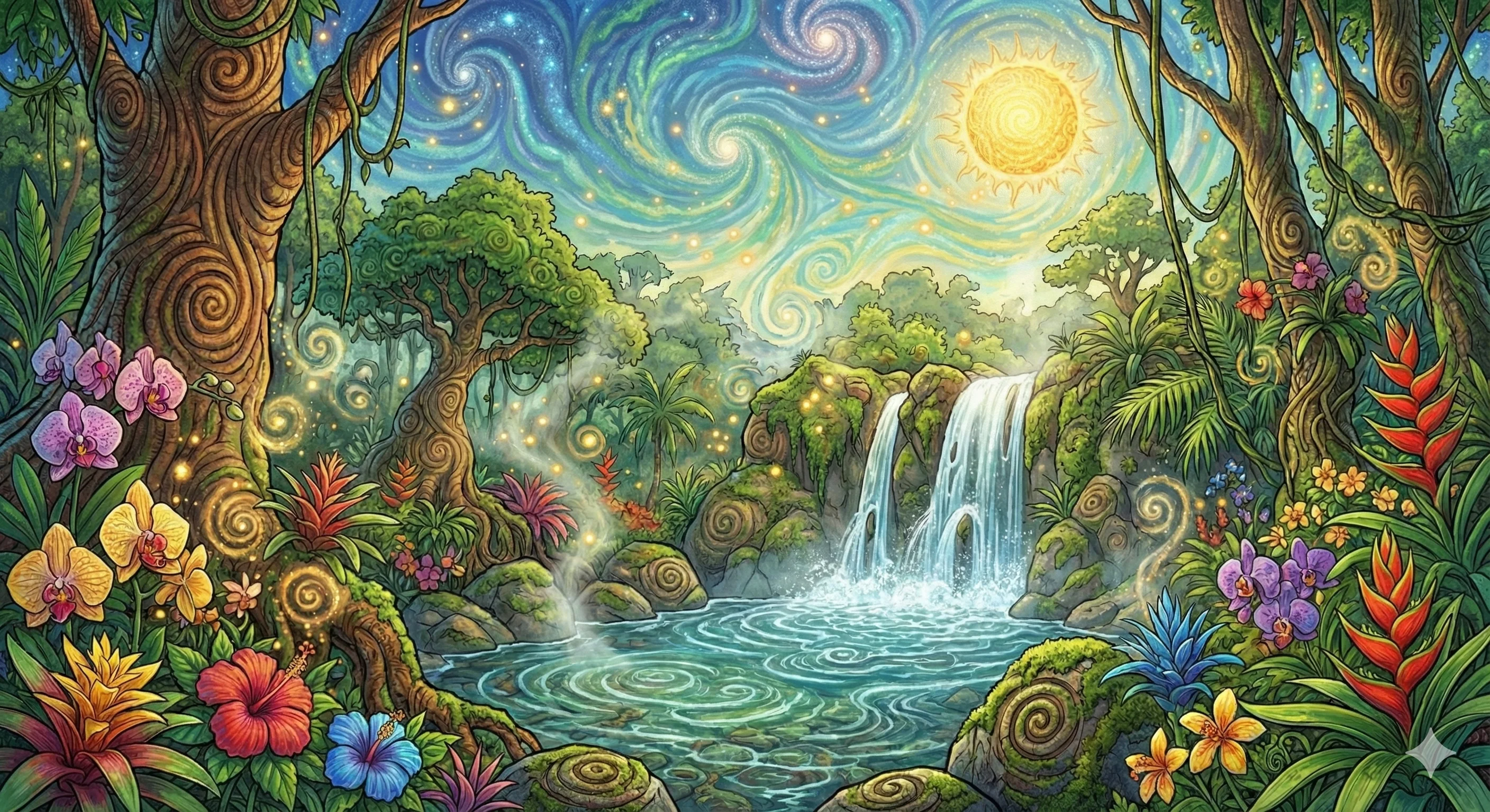 Vibrant fantasy landscape featuring swirling skies and a glowing sun above a lush forest with a cascading waterfall and colorful flowers, creating a whimsical and magical atmosphere with rich greens, blues, and floral hues.