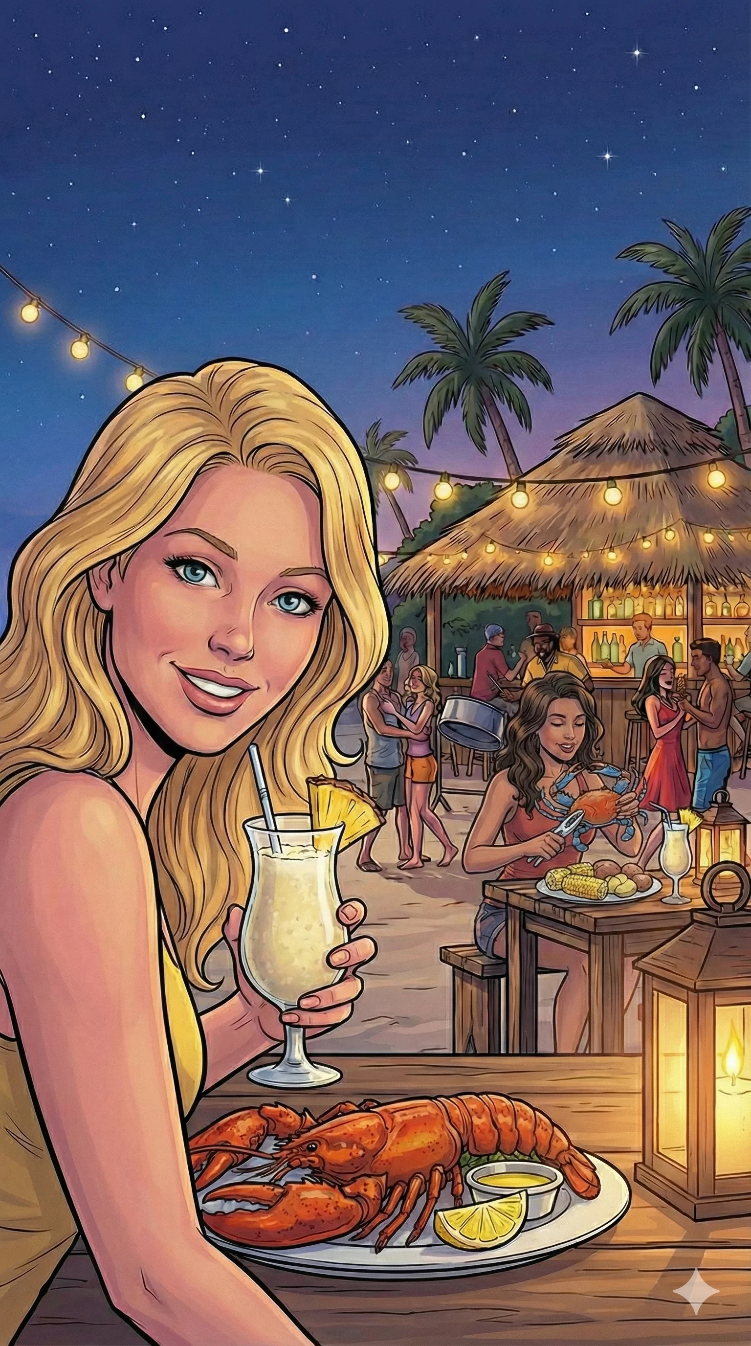 Blonde woman enjoying a seafood dinner with a drink at a tropical beach restaurant under string lights; vibrant illustration features a relaxed, festive mood with palm trees and tiki hut in the background.