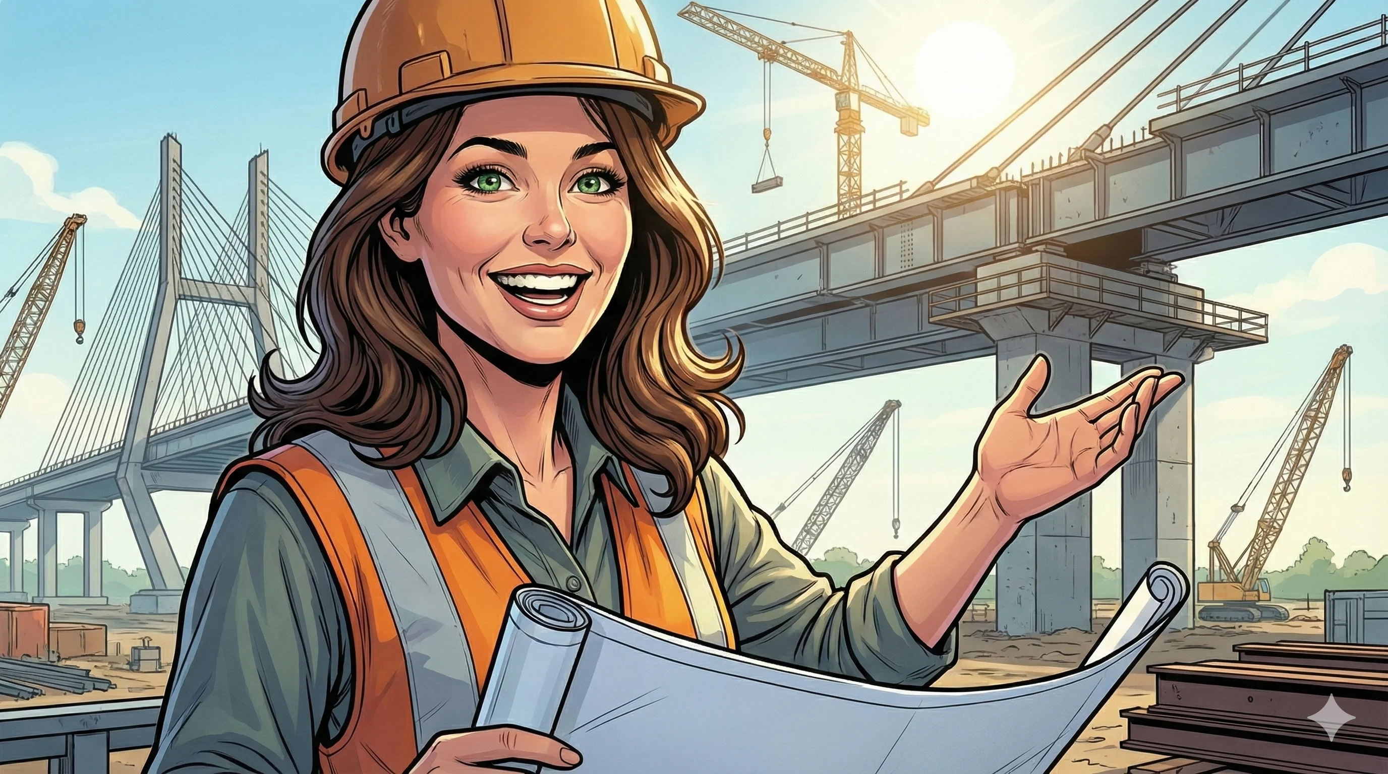 Female construction engineer smiling and holding blueprints at a bridge construction site, wearing an orange helmet and safety vest; cranes and bridge structure visible in the background under a sunny sky, depicted in a vibrant, illustrative style.