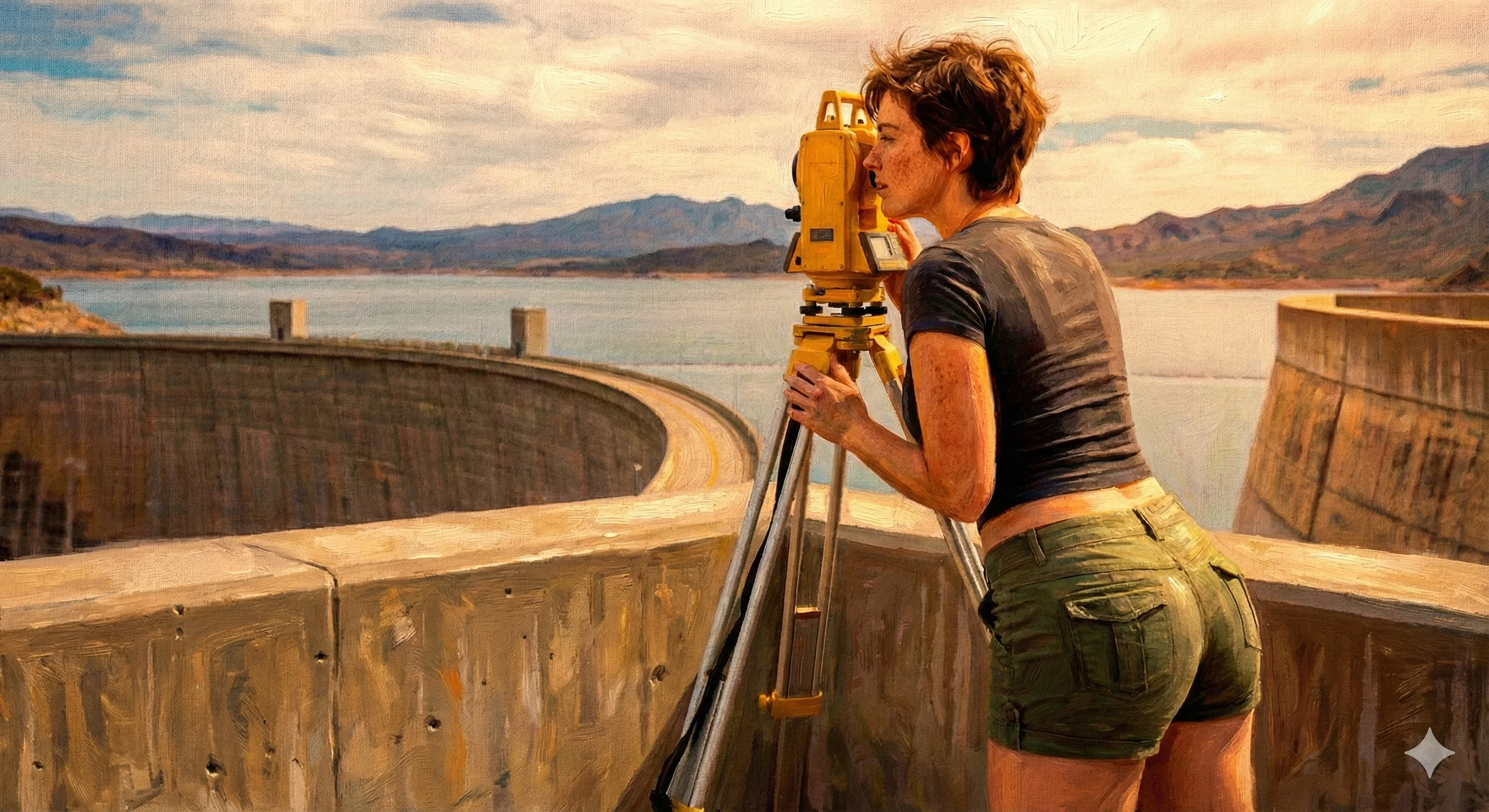 A woman surveys a dam using a theodolite, set against a scenic backdrop of mountains and a reservoir under a vibrant sky; the scene features earthy tones and a painterly visual style.