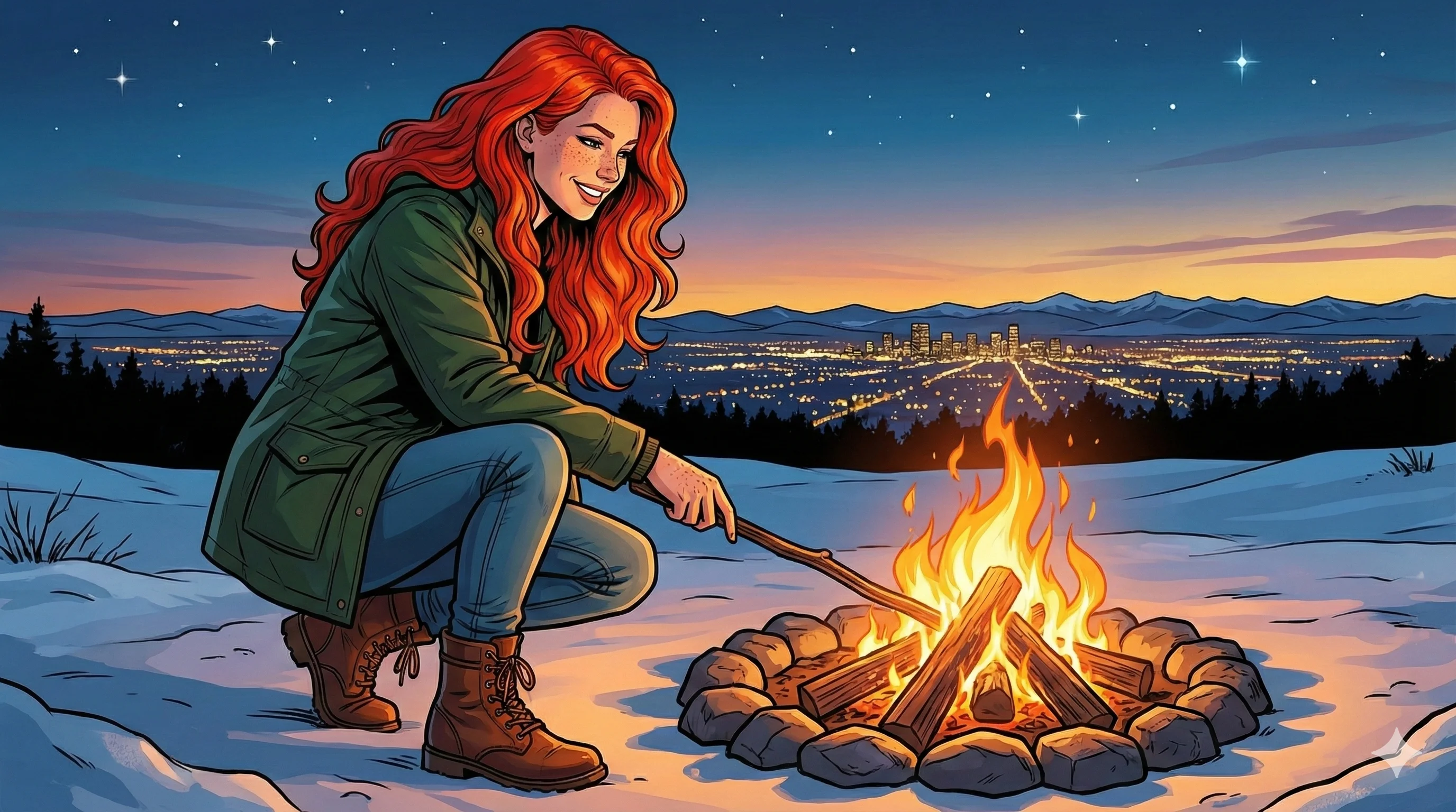 Red-haired woman in a green jacket and brown boots tends a glowing campfire, set against a snowy landscape with a city skyline in the background during dusk; vibrant colors and a warm, serene mood characterize the digital illustration.