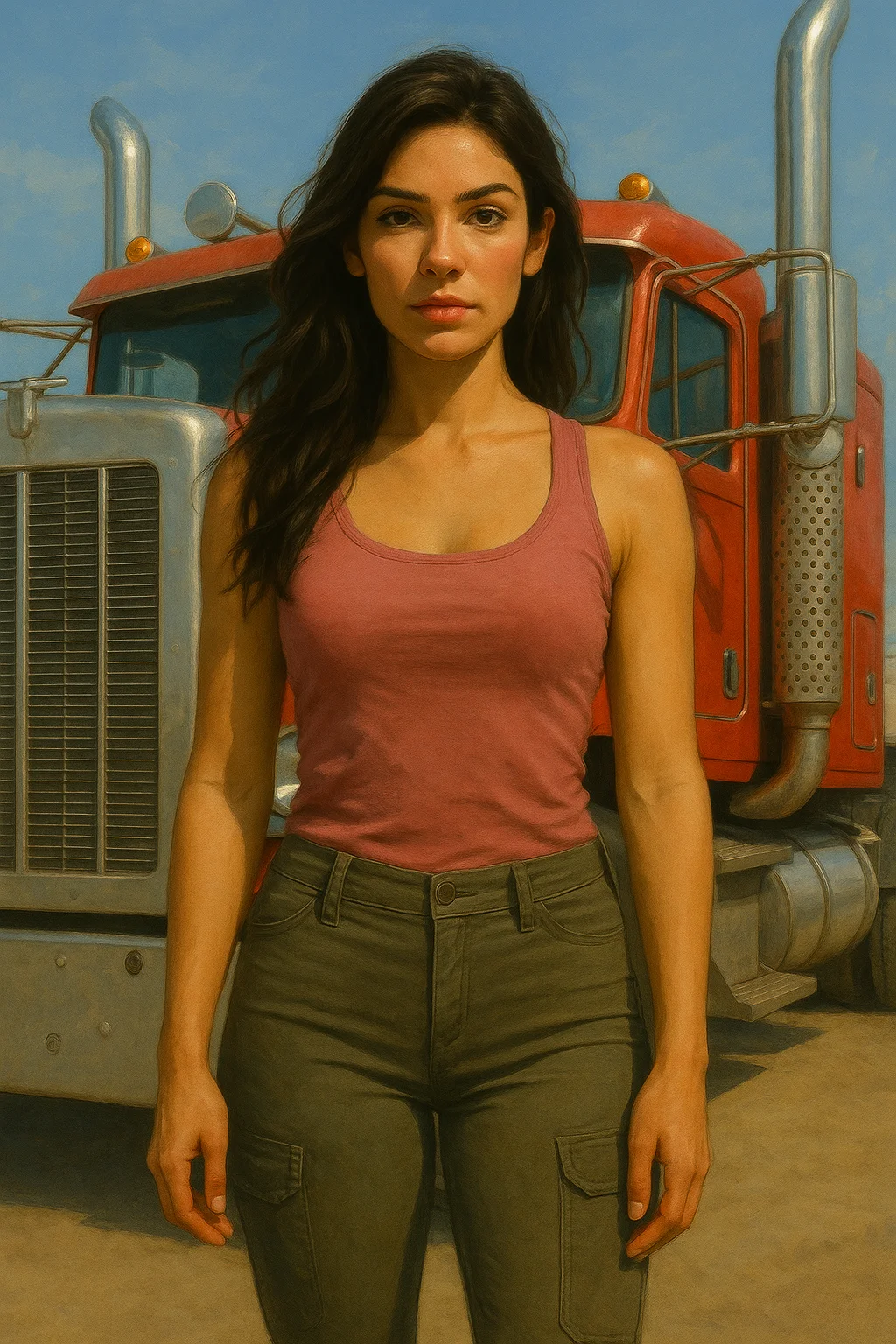 A woman with long dark hair stands confidently in front of a large red semi-truck, wearing a pink tank top and green cargo pants, set against a clear blue sky in a realistic painting style, evoking a sense of strength and determination.
