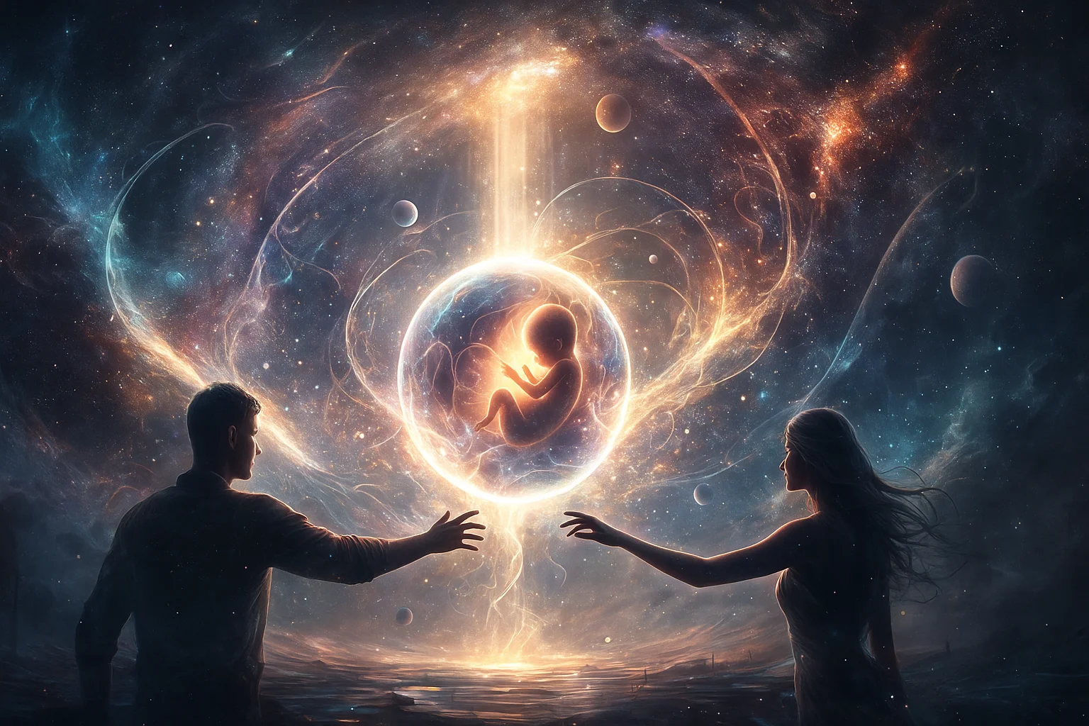 A cosmic scene depicting a glowing fetus suspended in space, surrounded by swirling celestial patterns, with a man and woman reaching towards it, encapsulated in vibrant tones of blue, orange, and gold; evokes themes of creation and connection.