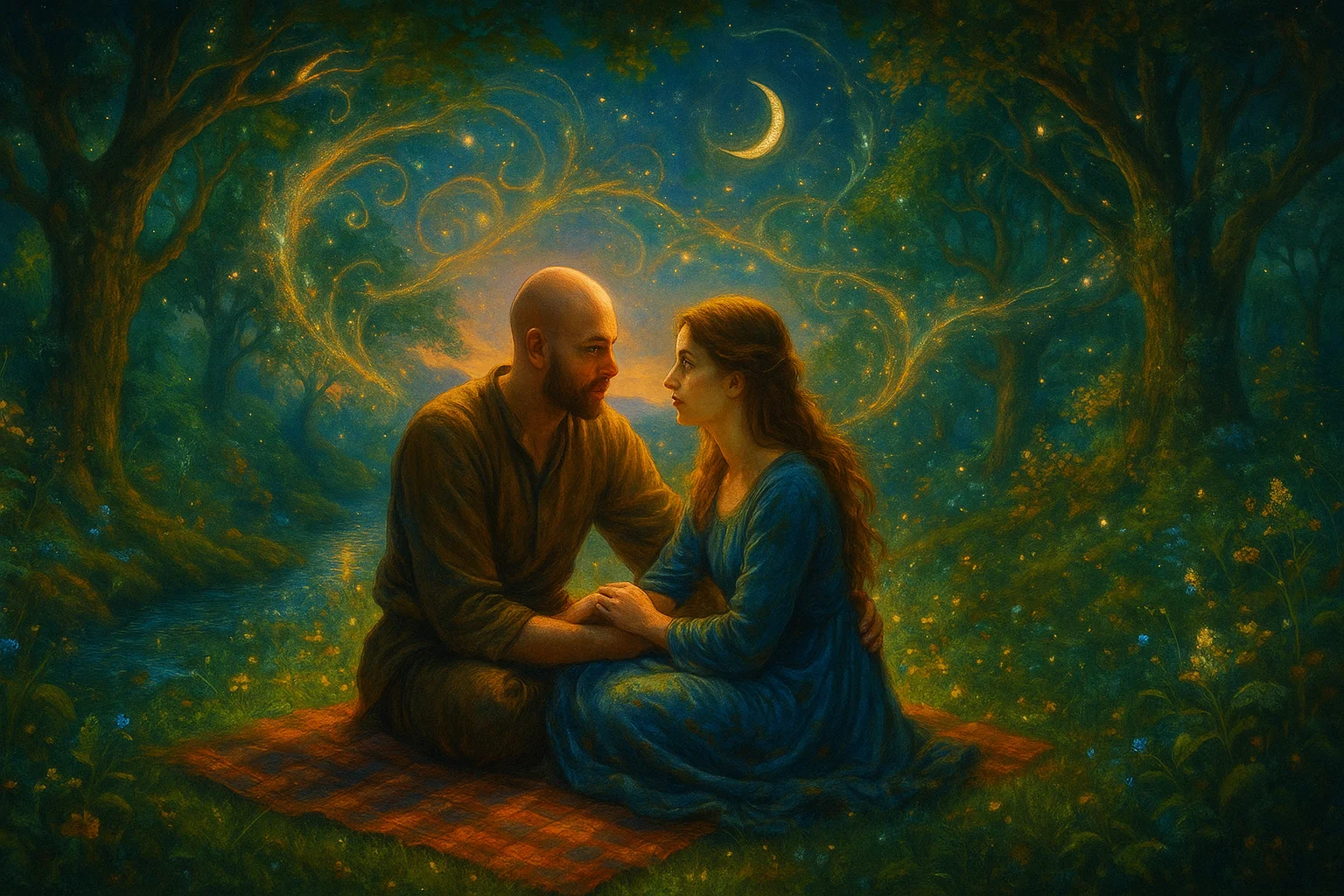 A couple sits closely on a checkered blanket under a crescent moon amidst a magical forest, surrounded by glowing swirls and twinkling stars, evoking a serene and romantic mood with rich earthy tones of blue and green in an enchanting, dreamy art style.