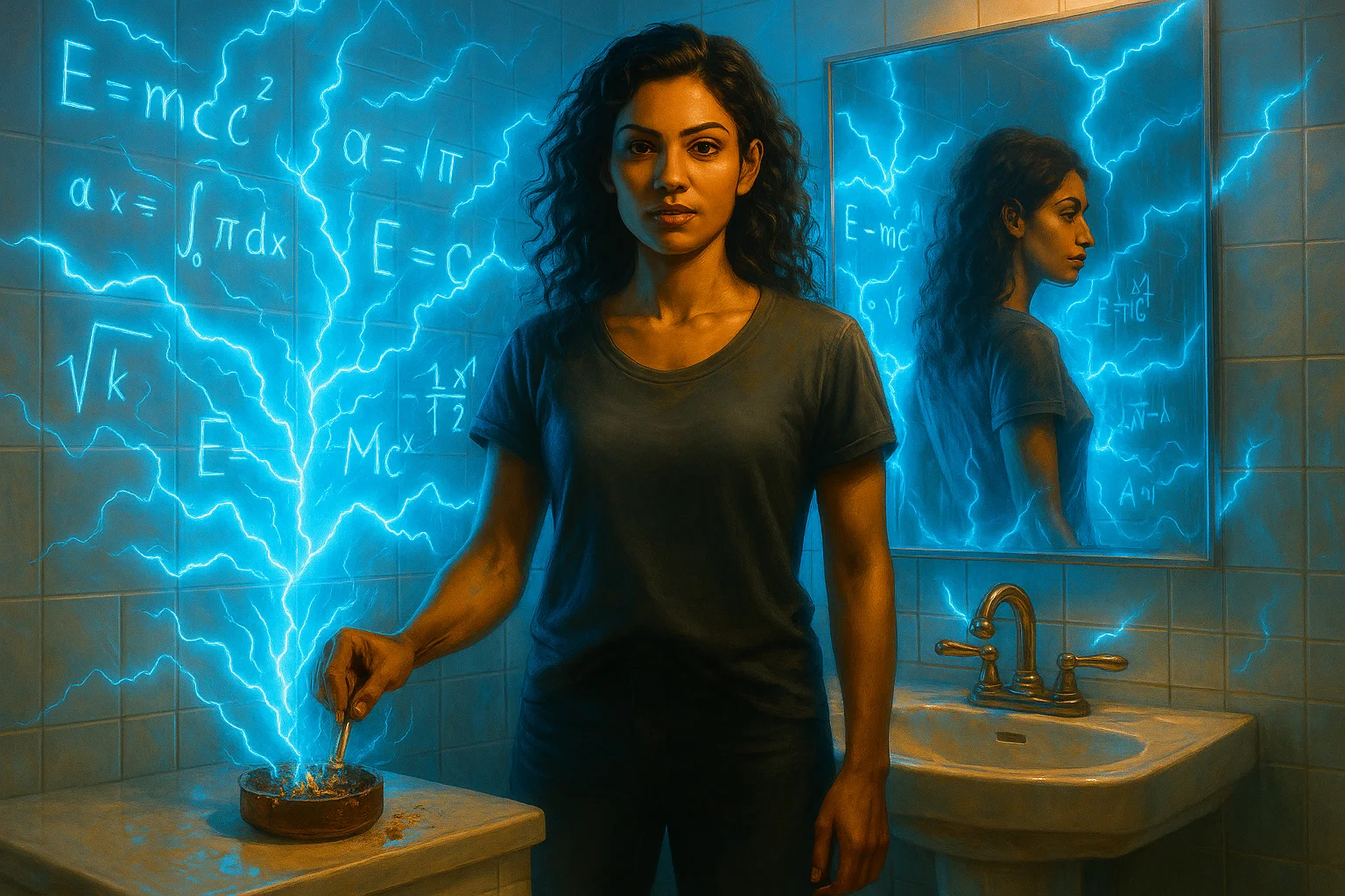 A woman stands in a dimly lit bathroom, surrounded by glowing blue energy and complex mathematical equations, exuding a sense of intrigue and power; her reflection captivates in the mirror, enhancing the mysterious and electrifying atmosphere.