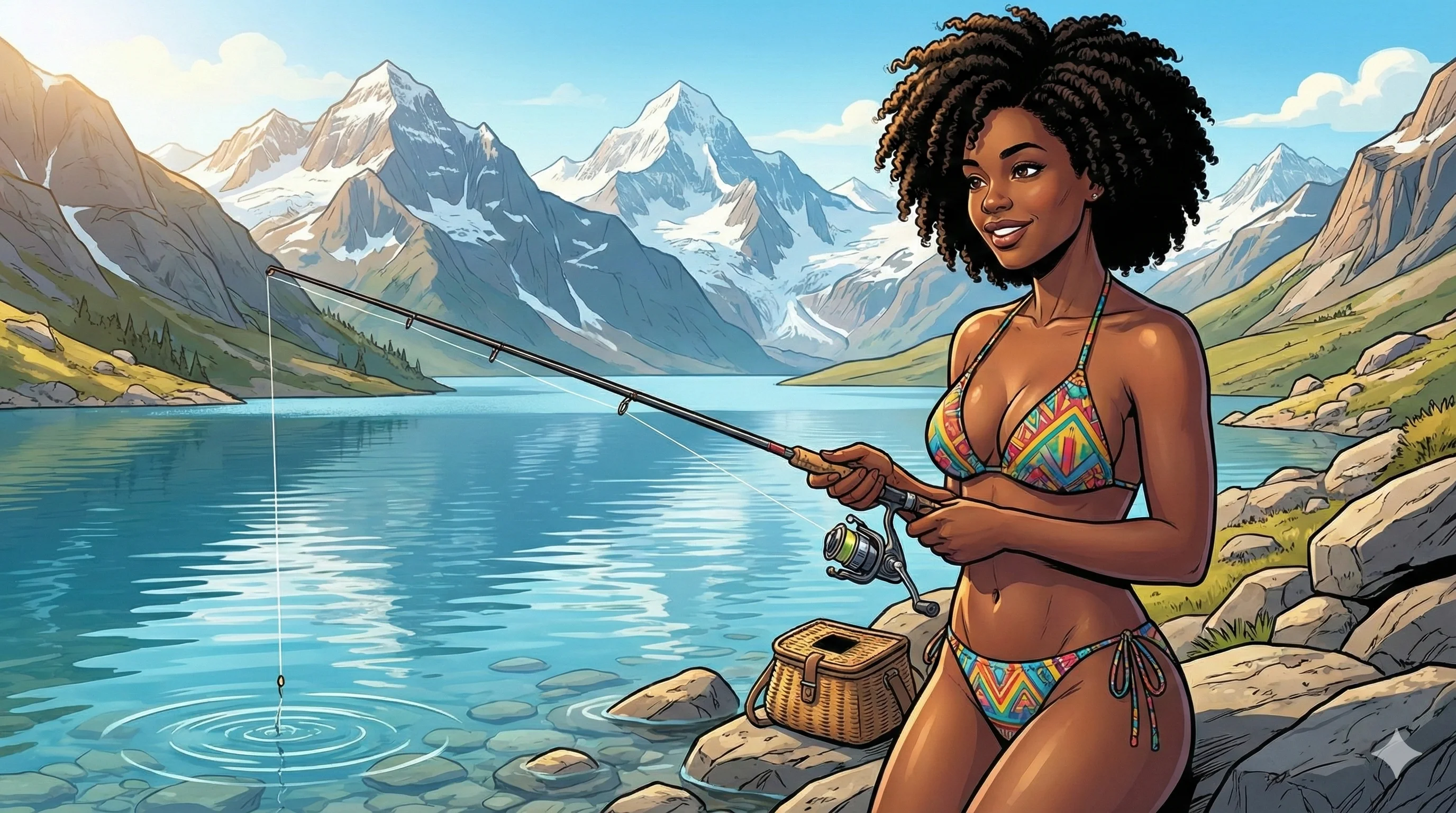A woman in a colorful bikini enjoys fishing by a serene mountain lake, with snow-capped peaks and a clear blue sky creating a tranquil backdrop; vibrant and adventurous mood in a lively, illustrative style.