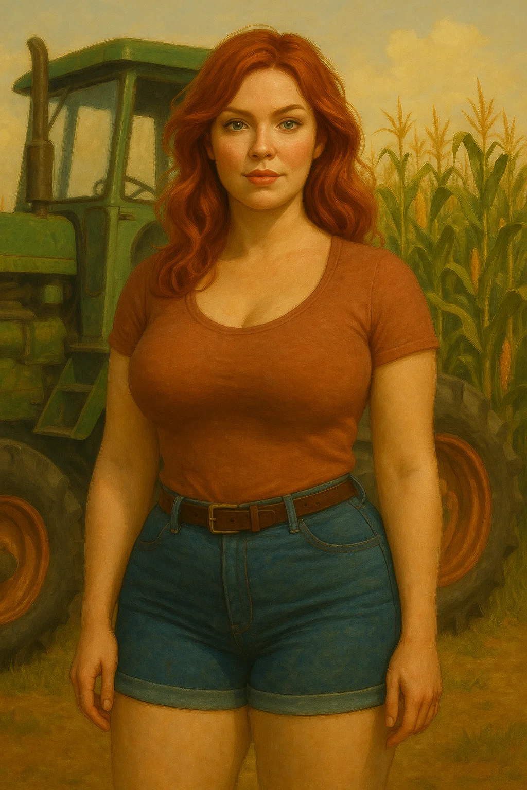 Red-haired woman standing confidently in front of a green tractor and cornfield, wearing a rust-colored t-shirt and denim shorts, captured in a warm, rustic, and painterly style that evokes a sense of rural life.