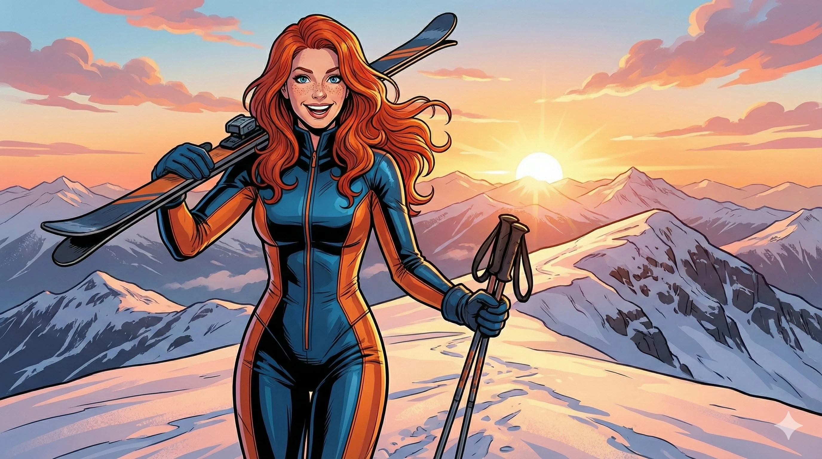 Red-haired woman in a blue and orange ski suit stands joyfully on a snowy mountain peak at sunset, holding skis and poles, with a panoramic view of snow-capped mountains and vibrant skies; depicted in a vibrant comic book style.