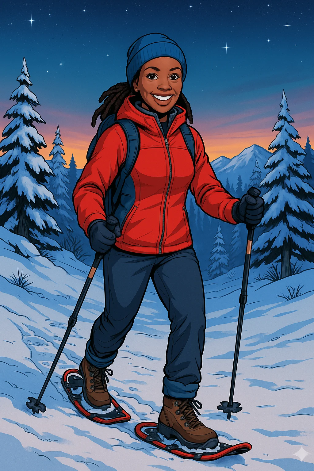 A smiling person in a red jacket and blue pants snowshoes through a snowy forest at twilight, framed by snow-covered trees and a colorful sky, with a vibrant and cheerful mood in a cartoon style.