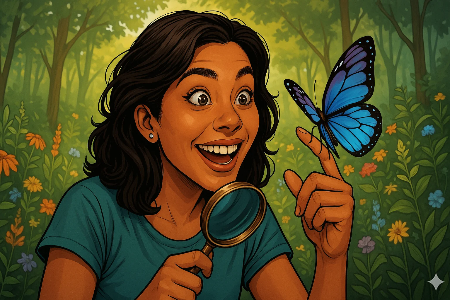 A woman with dark hair joyfully observes a vibrant blue butterfly perched on her finger in a lush, colorful forest, holding a magnifying glass; the scene is lively and rendered in a vivid, illustrative style.
